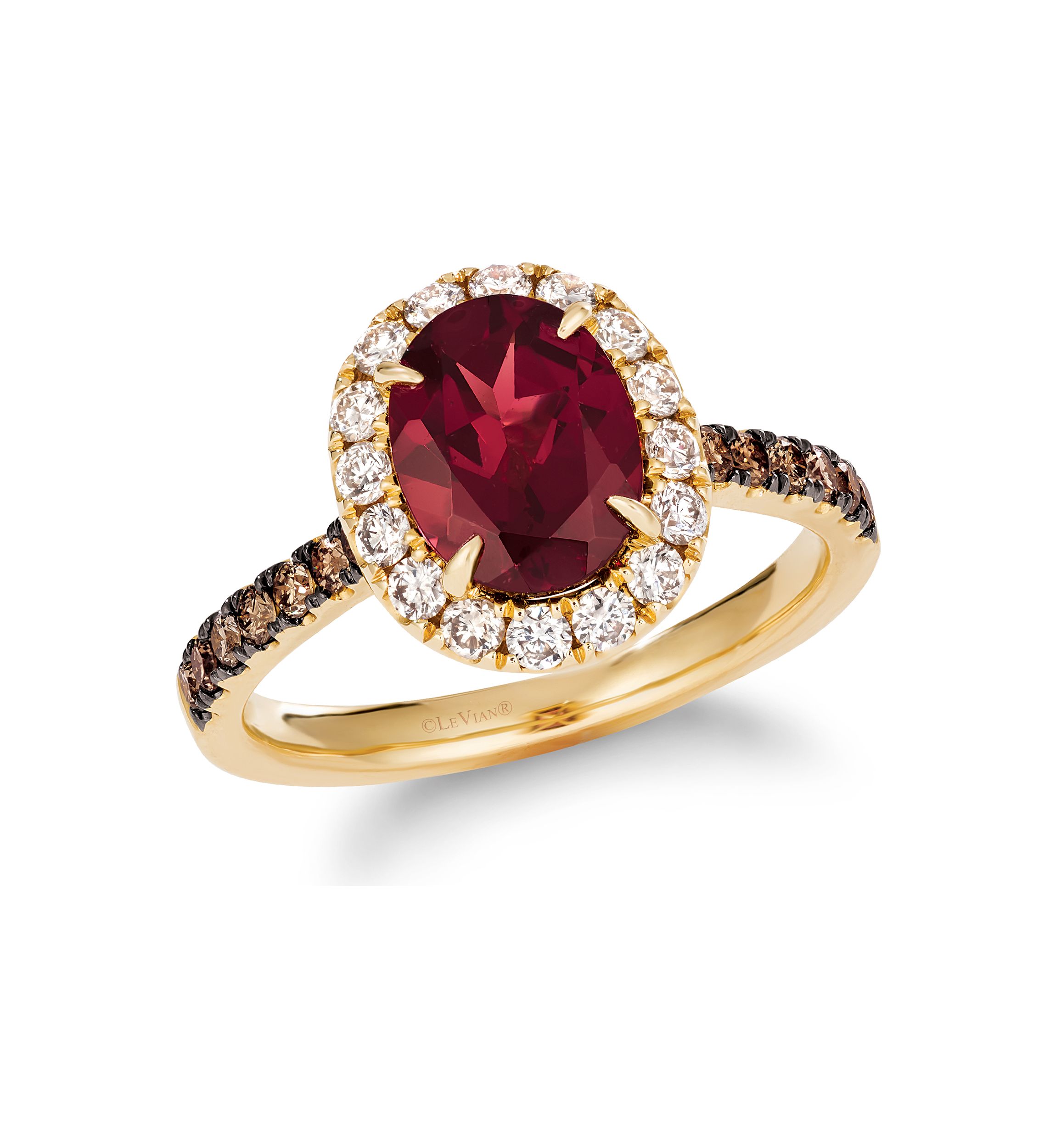 Ring with 1.88 ct. t.w. Pomegranate Garnet™, 5/8 ct. t.w. Chocolate Diamonds®, 1/10 ct. t.w. Nude Diamonds™ in 14K Honey Gold™ 