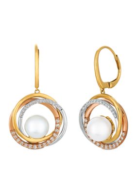  3/8 ct. t.w. Diamond and Pearl Earrings in 14K Tri-Tone Gold 