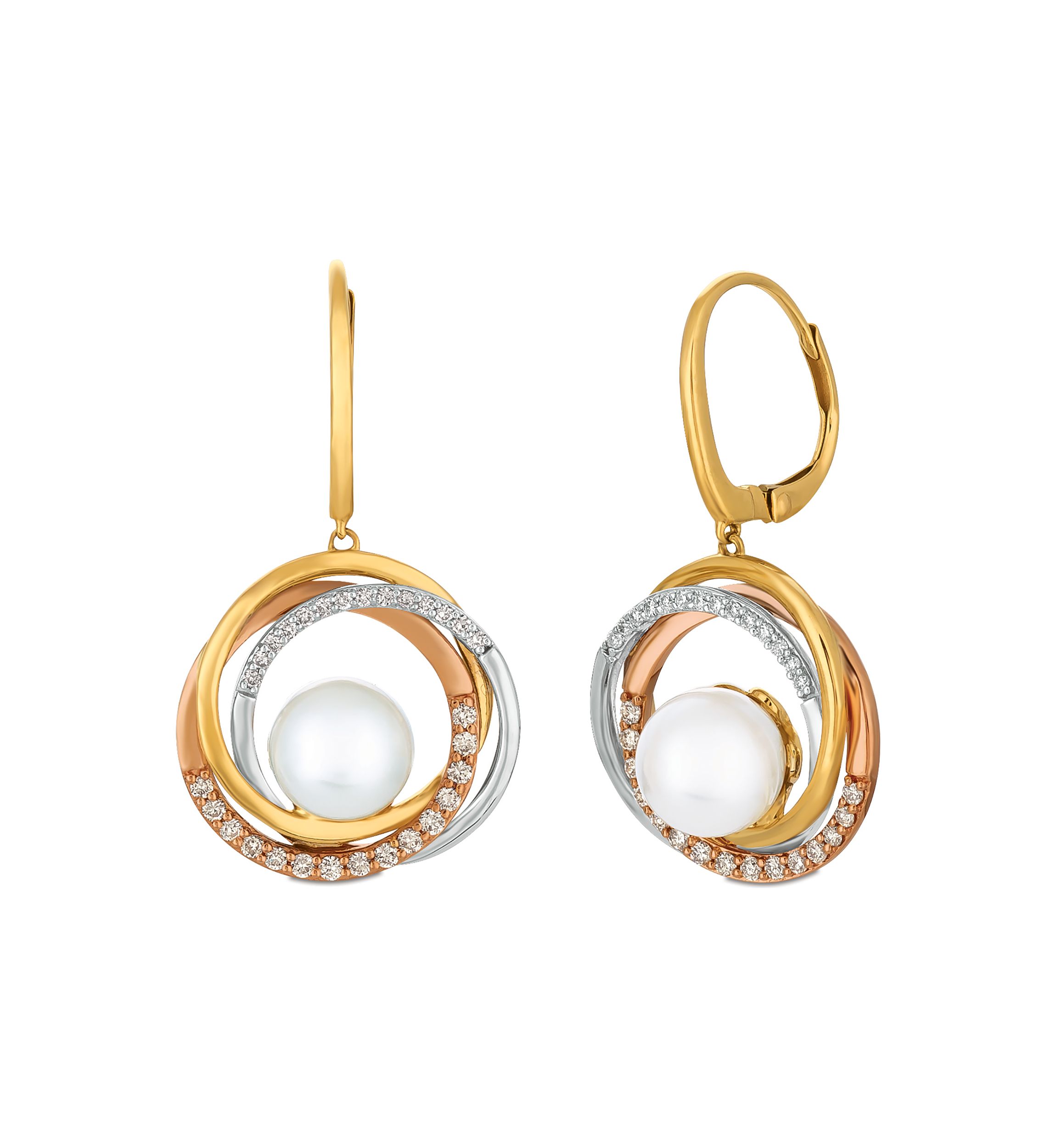  3/8 ct. t.w. Diamond and Pearl Earrings in 14K Tri-Tone Gold 