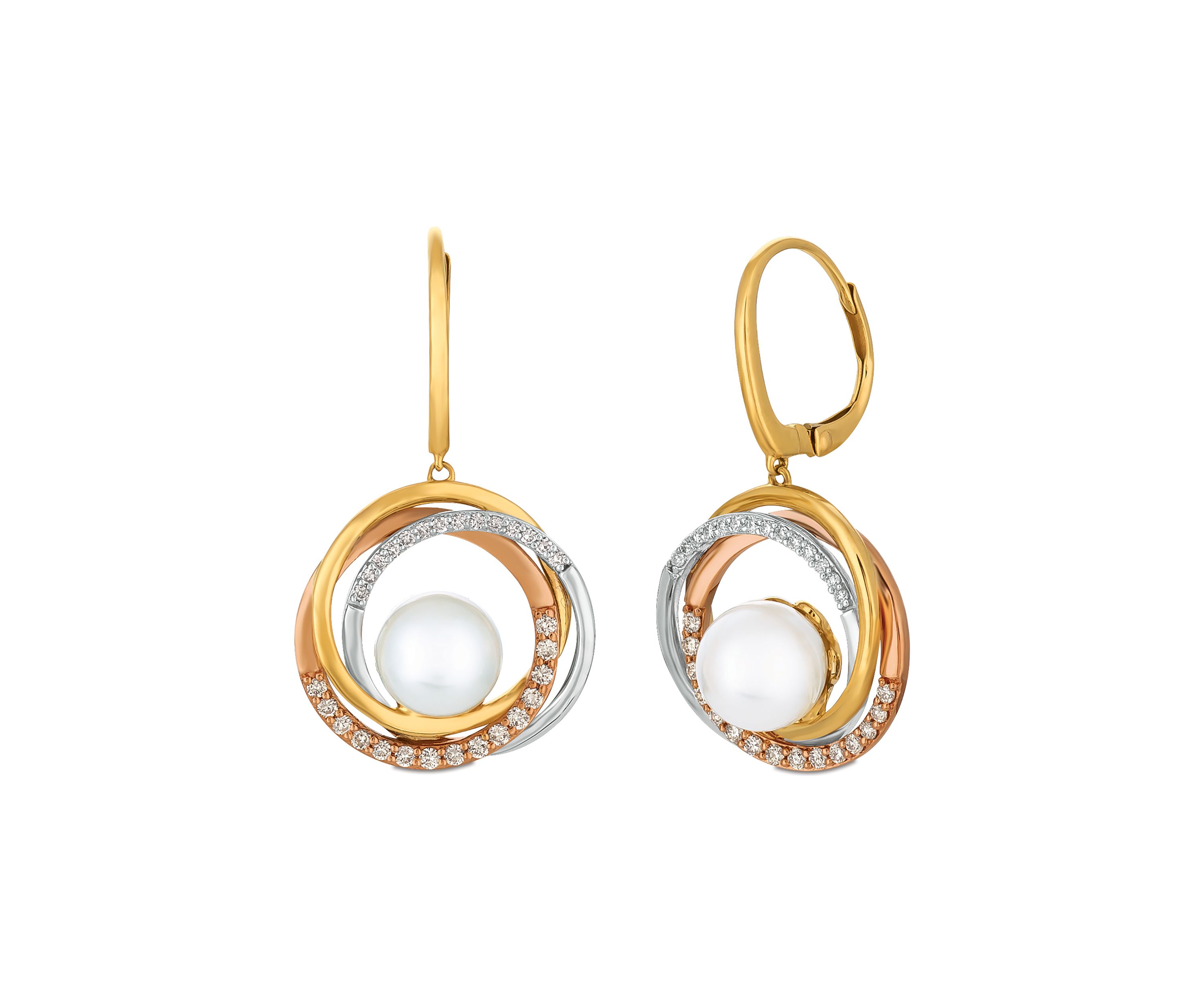 3/8 ct. t.w. Diamond and Pearl Earrings in 14K Tri-Tone Gold 