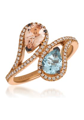 Ring with 1/2 ct. t.w. Sea Blue Aquamarine®, 1/2 ct. t.w. Peach Morganite™, 1/4 ct. t.w. Vanilla Diamonds® in 14K Strawberry Gold®