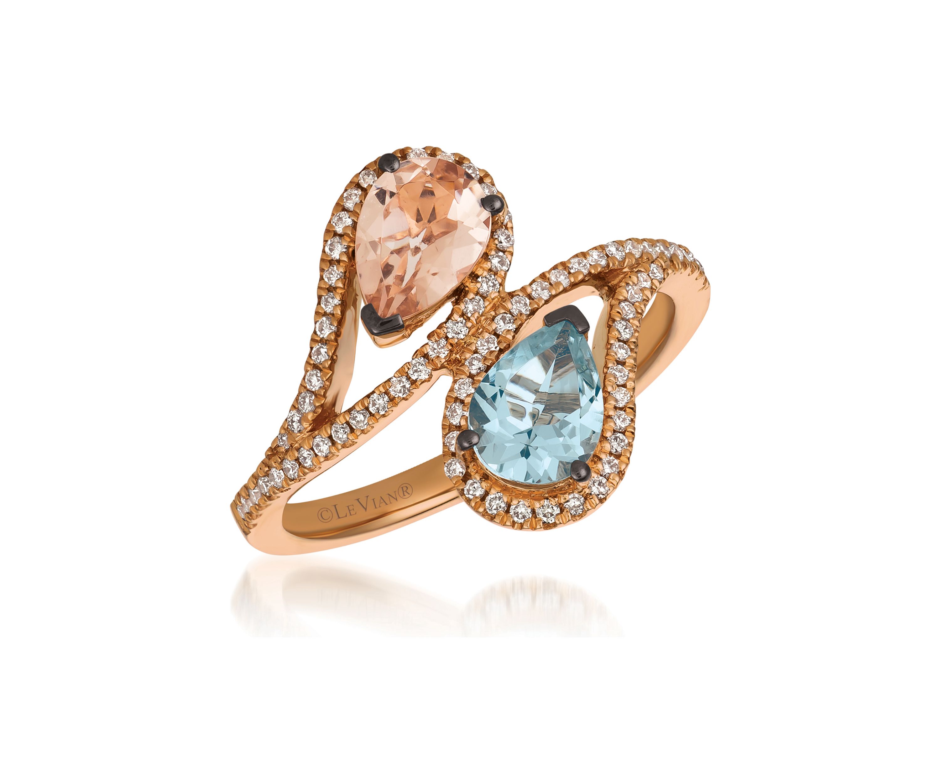 Ring with 1/2 ct. t.w. Sea Blue Aquamarine®, 1/2 ct. t.w. Peach Morganite™, 1/4 ct. t.w. Vanilla Diamonds® in 14K Strawberry Gold®