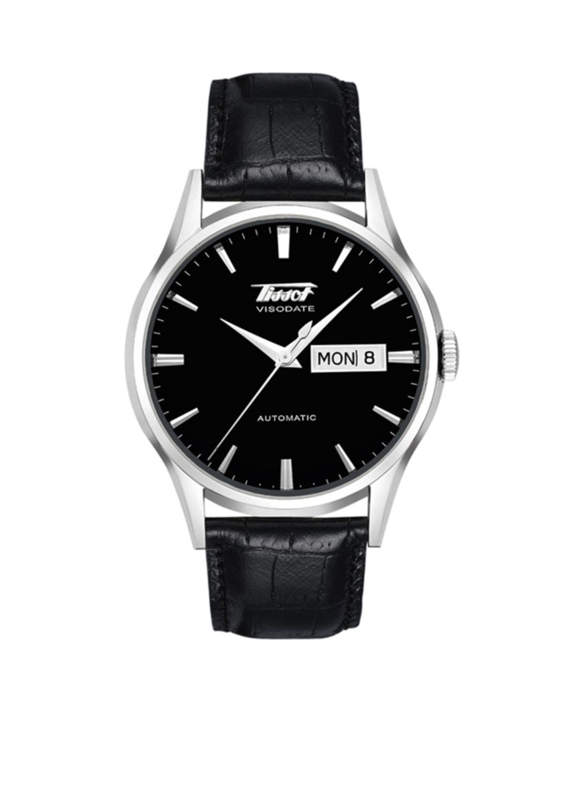 Mens Visodate Automatic Black Leather Strap Watch