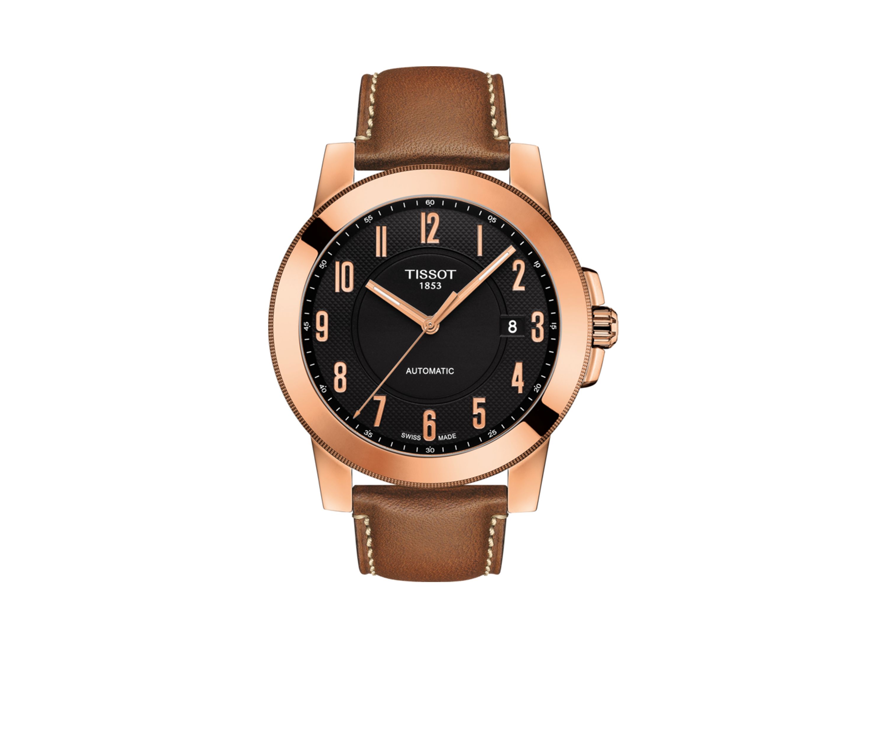 Mens Rose Gold-Tone Stainless Swiss Automatic Gentleman Swissmatic Brown Leather Strap Watch 