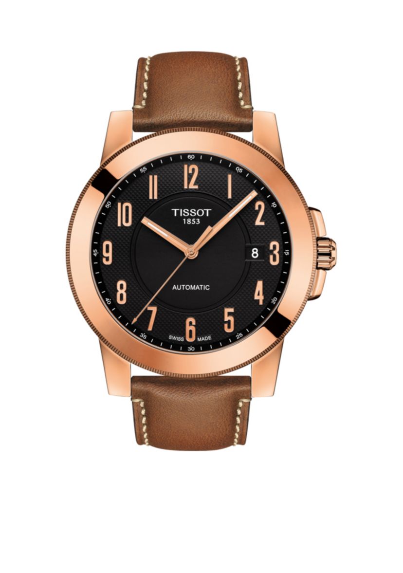 Mens Rose Gold-Tone Stainless Swiss Automatic Gentleman Swissmatic Brown Leather Strap Watch 