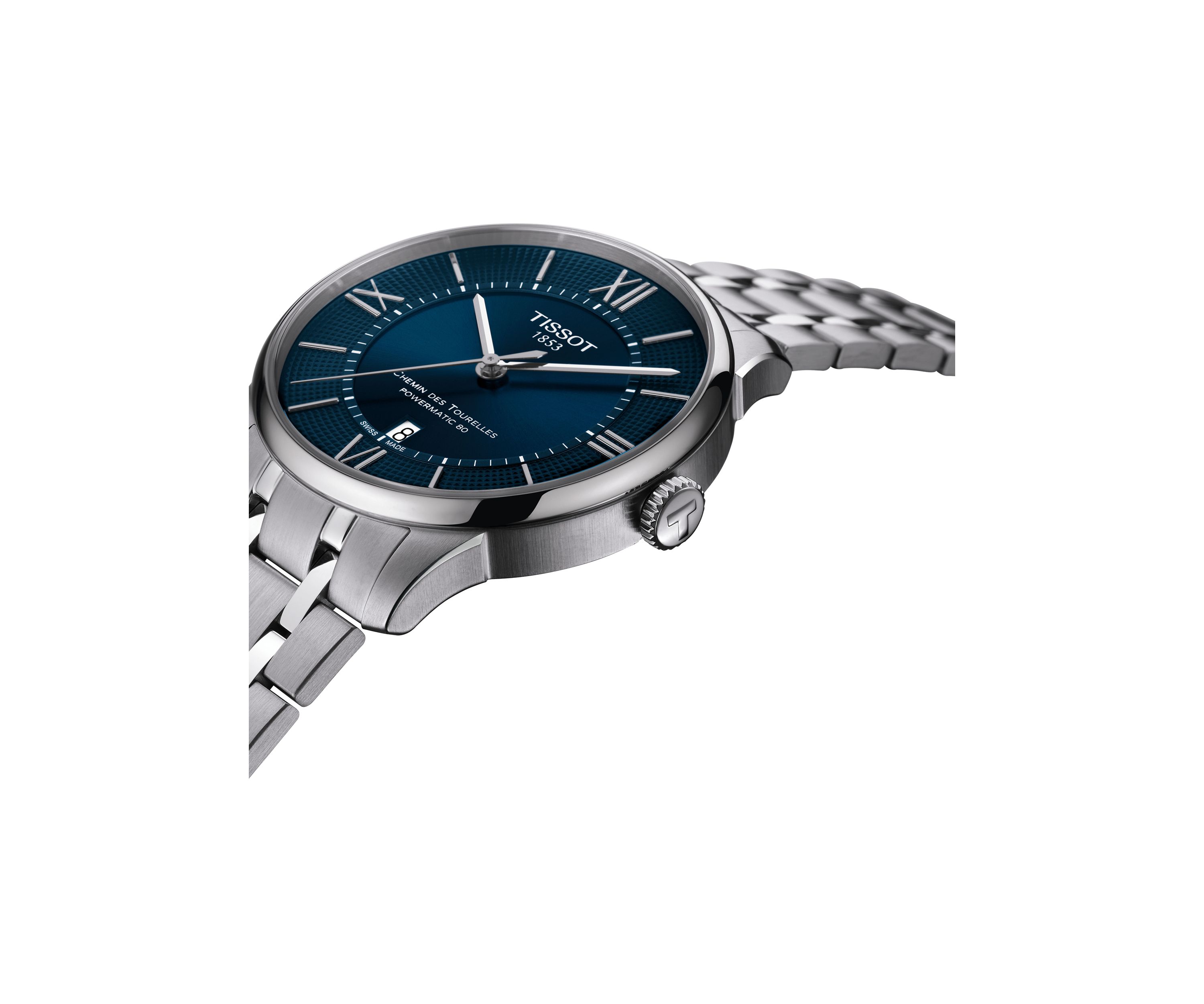Stainless Steel Swiss Automatic T Classic Chemin des Tourelles Powermatic 80 Bracelet Watch 