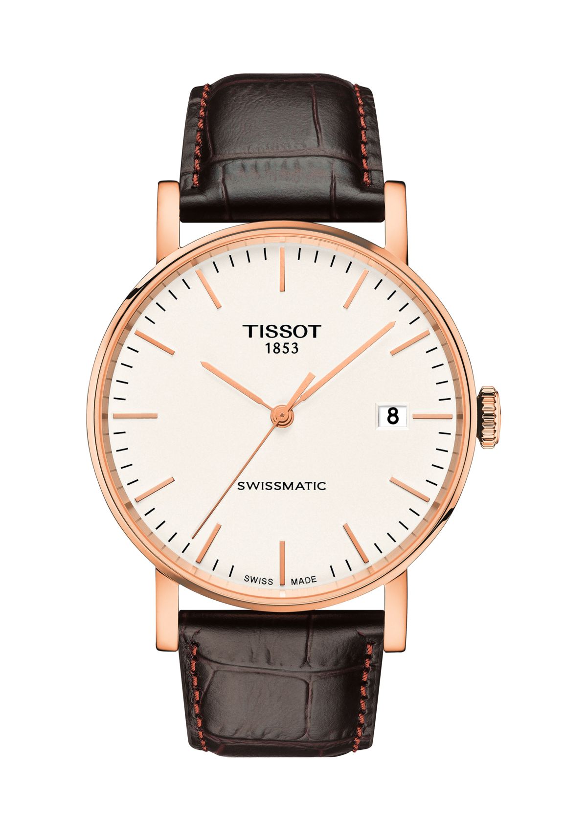 Mens Rose Gold Tone Stainless Steel Swiss Automatic Every Time Swissmatic Dark Brown Leather Strap Watch