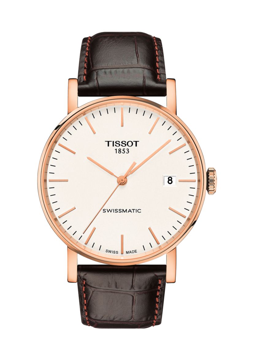 Mens Rose Gold Tone Stainless Steel Swiss Automatic Every Time Swissmatic Dark Brown Leather Strap Watch