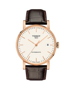 Tissot Men's Rose Gold Tone Stainless Steel Swiss Automatic Every Time Swissmatic Dark Brown Leather Strap Watch -  7611608282717