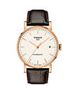 Mens Rose Gold Tone Stainless Steel Swiss Automatic Every Time Swissmatic Dark Brown Leather Strap Watch