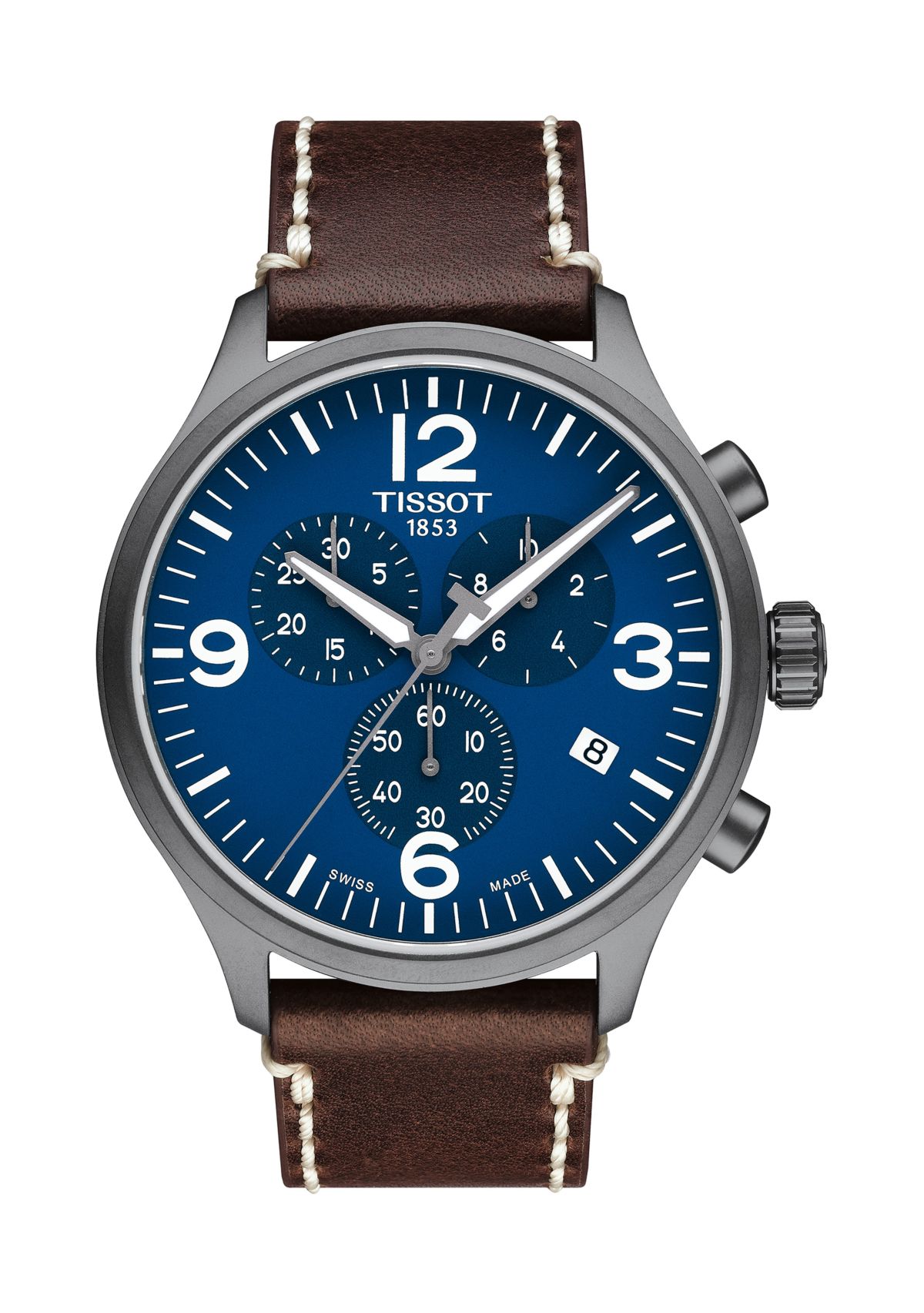 Mens Stainless Steel Swiss Chrono XL Brown Leather Strap Watch 