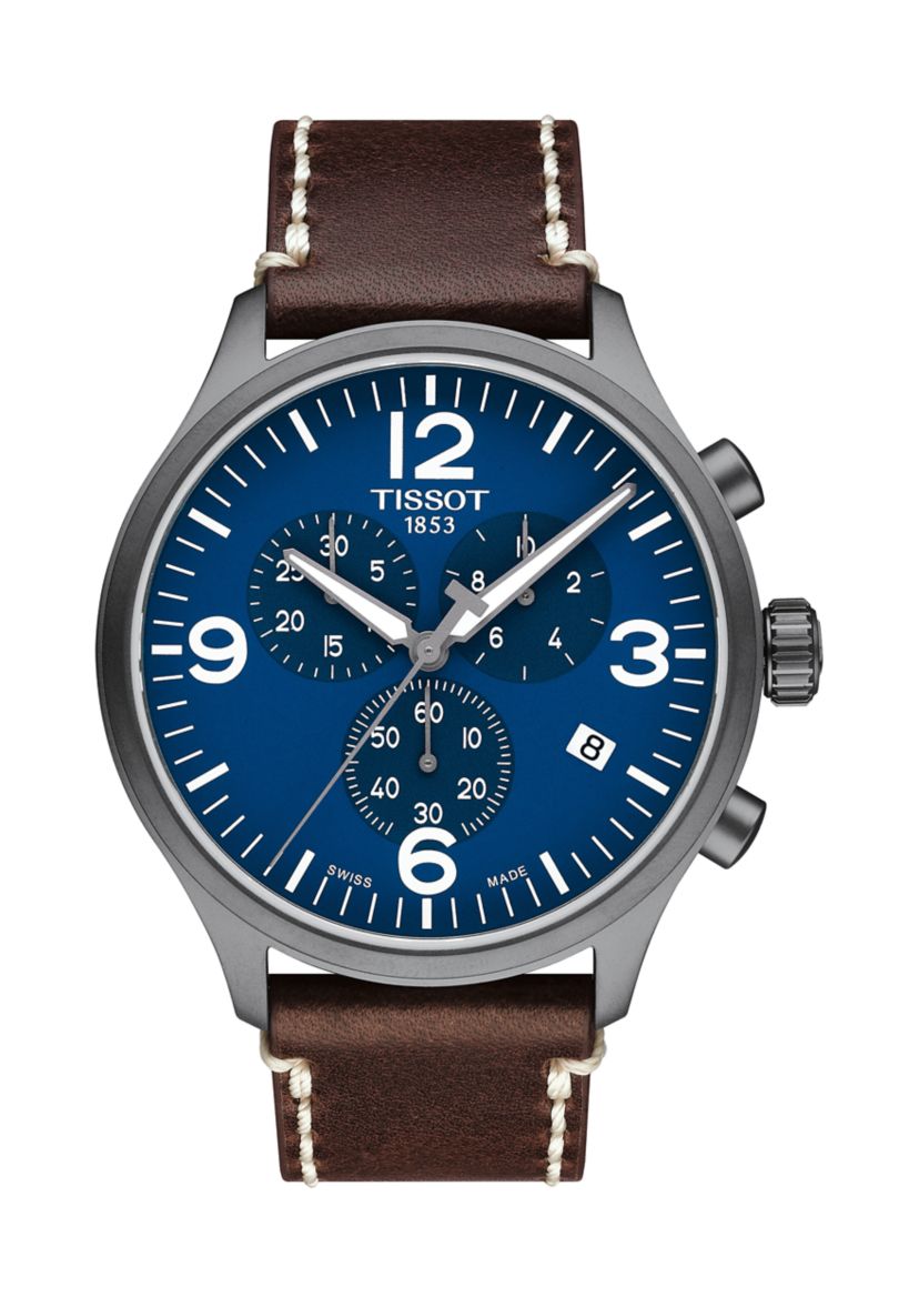 Mens Stainless Steel Swiss Chrono XL Brown Leather Strap Watch 