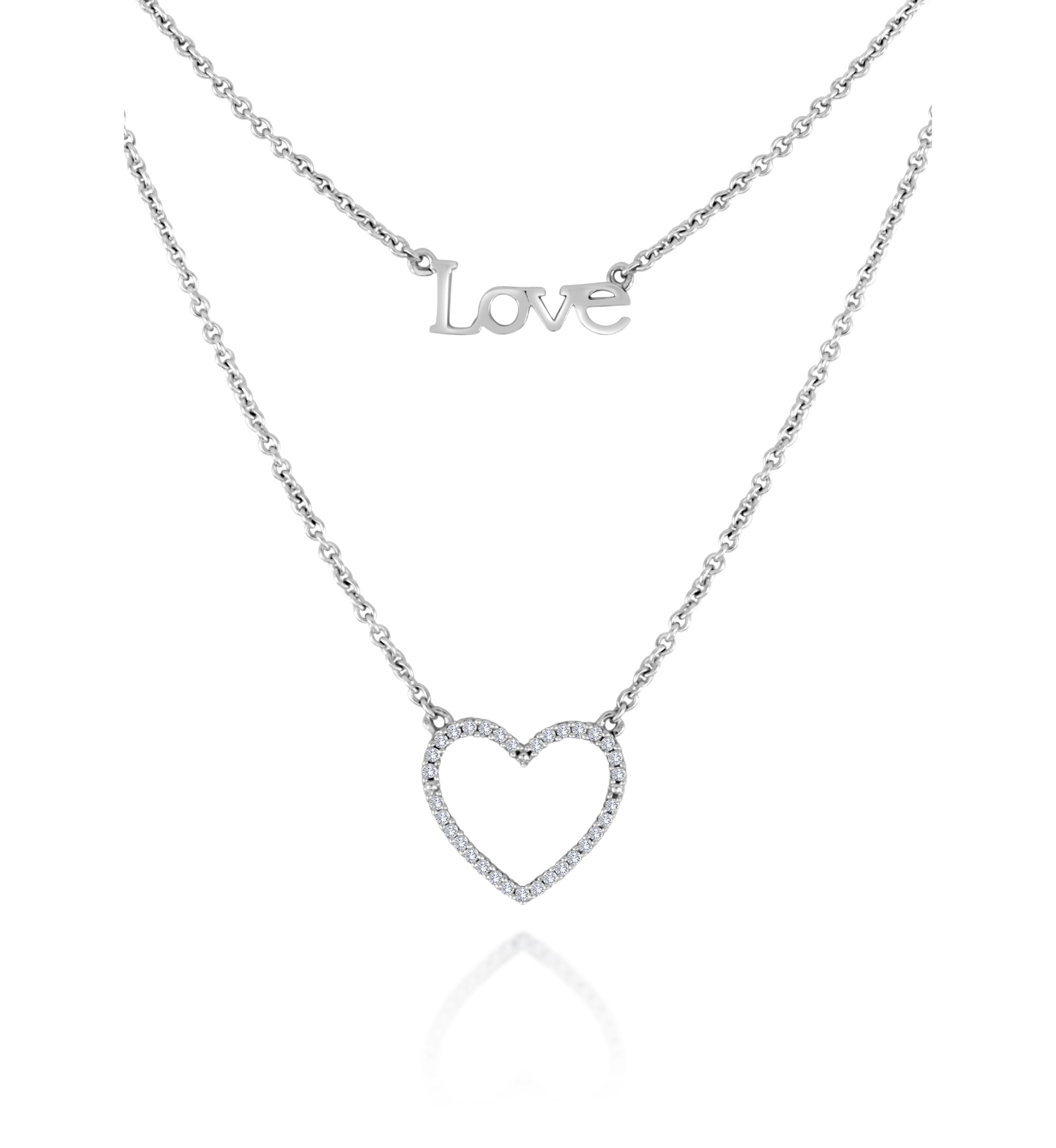Diamond Heart and Love Necklace in Sterling Silver