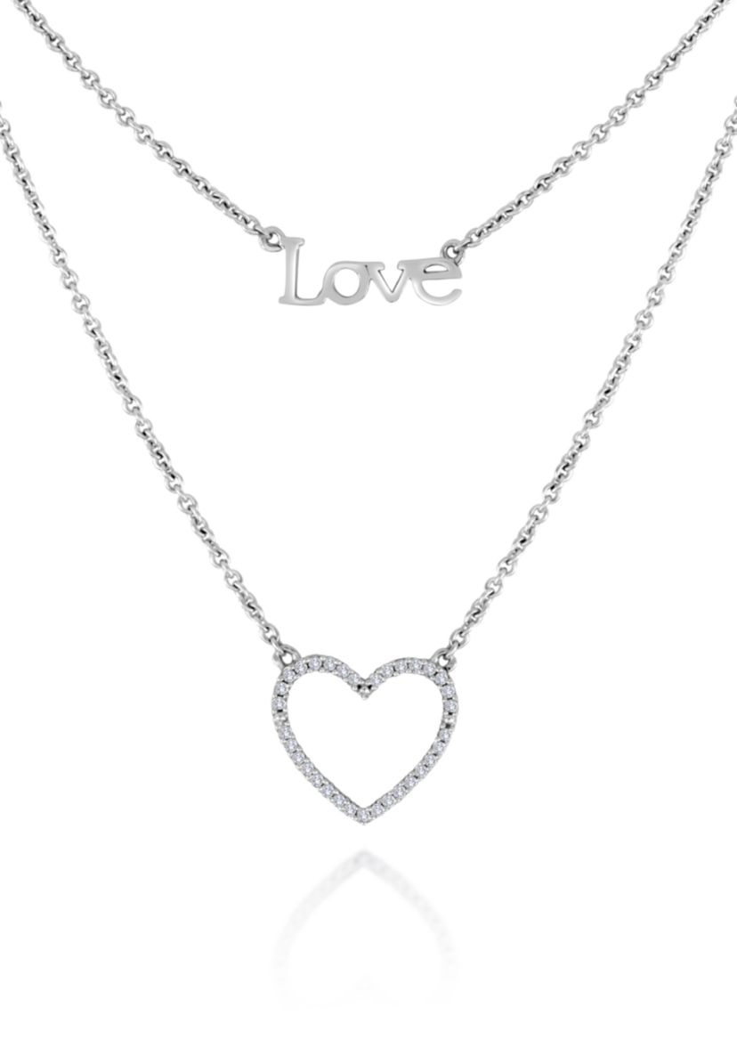Diamond Heart and Love Necklace in Sterling Silver