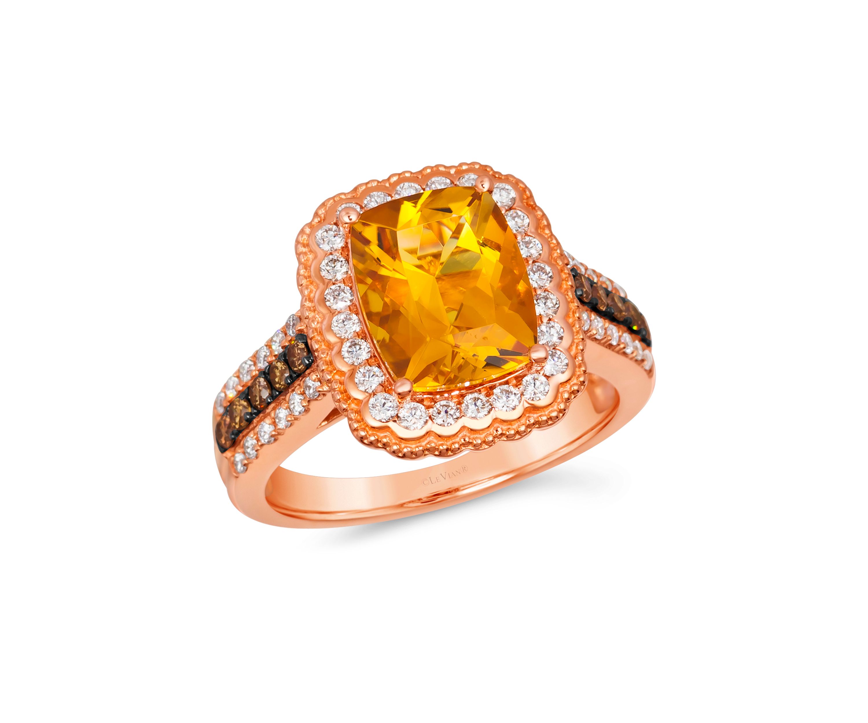 Chocolatier® Ring featuring 2.33 ct. t.w. Cinnamon Citrine®, 1/6 ct. t.w. Chocolate Diamonds®, 3/8 ct. t.w. Vanilla Diamonds®  in 14K Strawberry Gold®