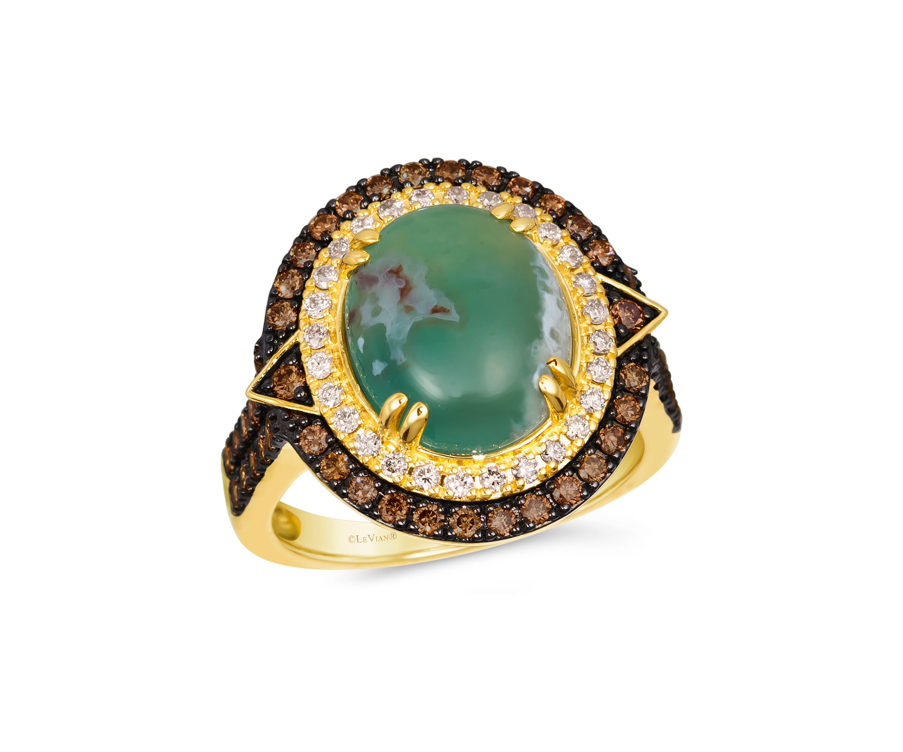 Ring featuring 3.5 ct. t.w. Peacock Aquaprase™, 5/8 ct. t.w. Chocolate Diamonds®, 1/5 ct. t.w. Nude Diamonds™  in 14K Honey Gold™