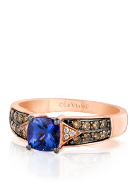 Blueberry Tanzanite, Vanilla Diamonds, and Chocolate Diamonds Ring Set in 14k Strawberry Gold