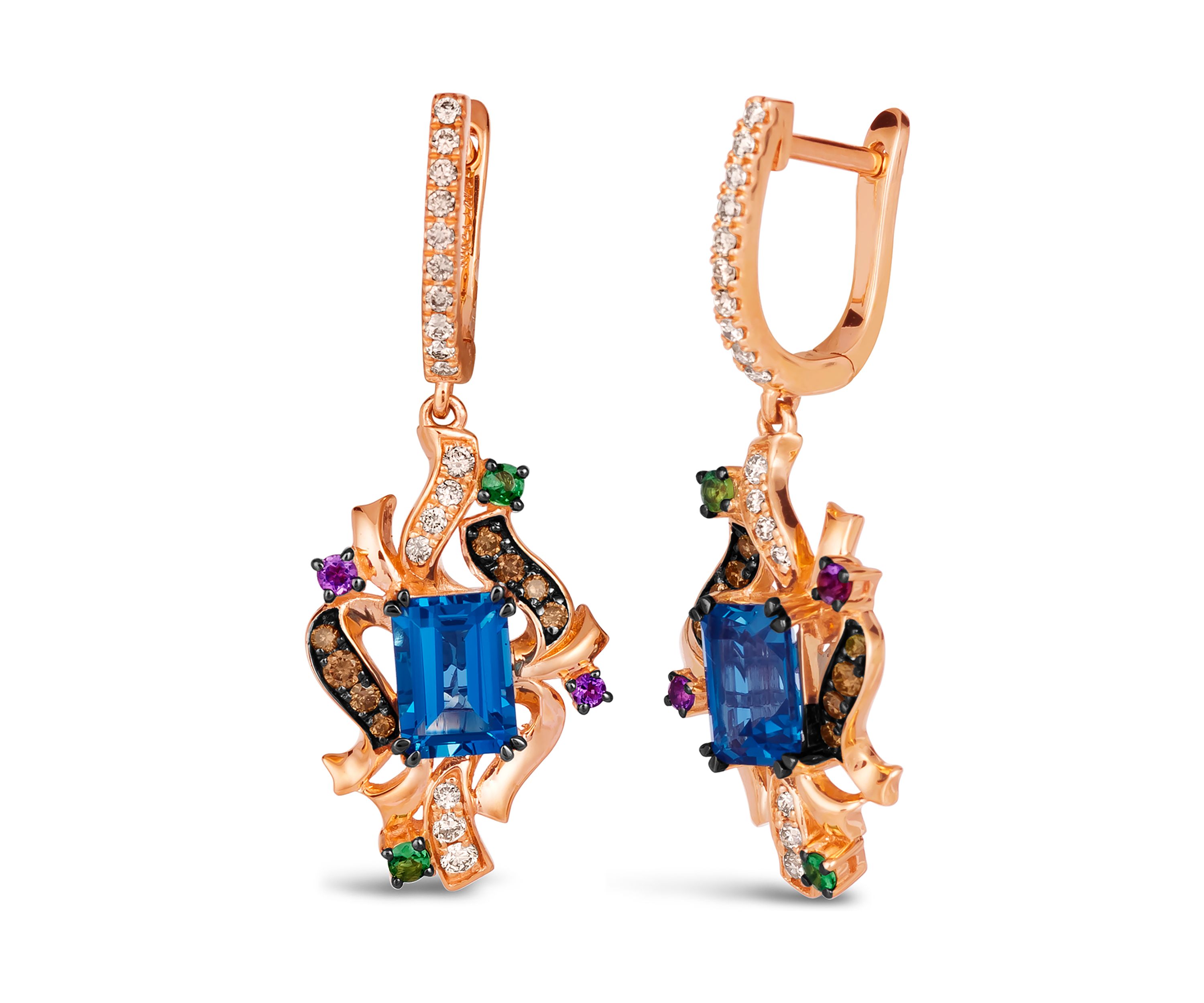 Drop Earrings featuring 2 ct. t.w. Deep Sea Blue Topaz™, 1/20 ct. t.w. Grape Amethyst™, 1/10 ct. t.w. Forest Green Tsavorite™, 1/6 ct. t.w. Chocolate Diamonds®, 1/4 ct. t.w. Nude Diamonds™  in 14K Strawberry Gold®
