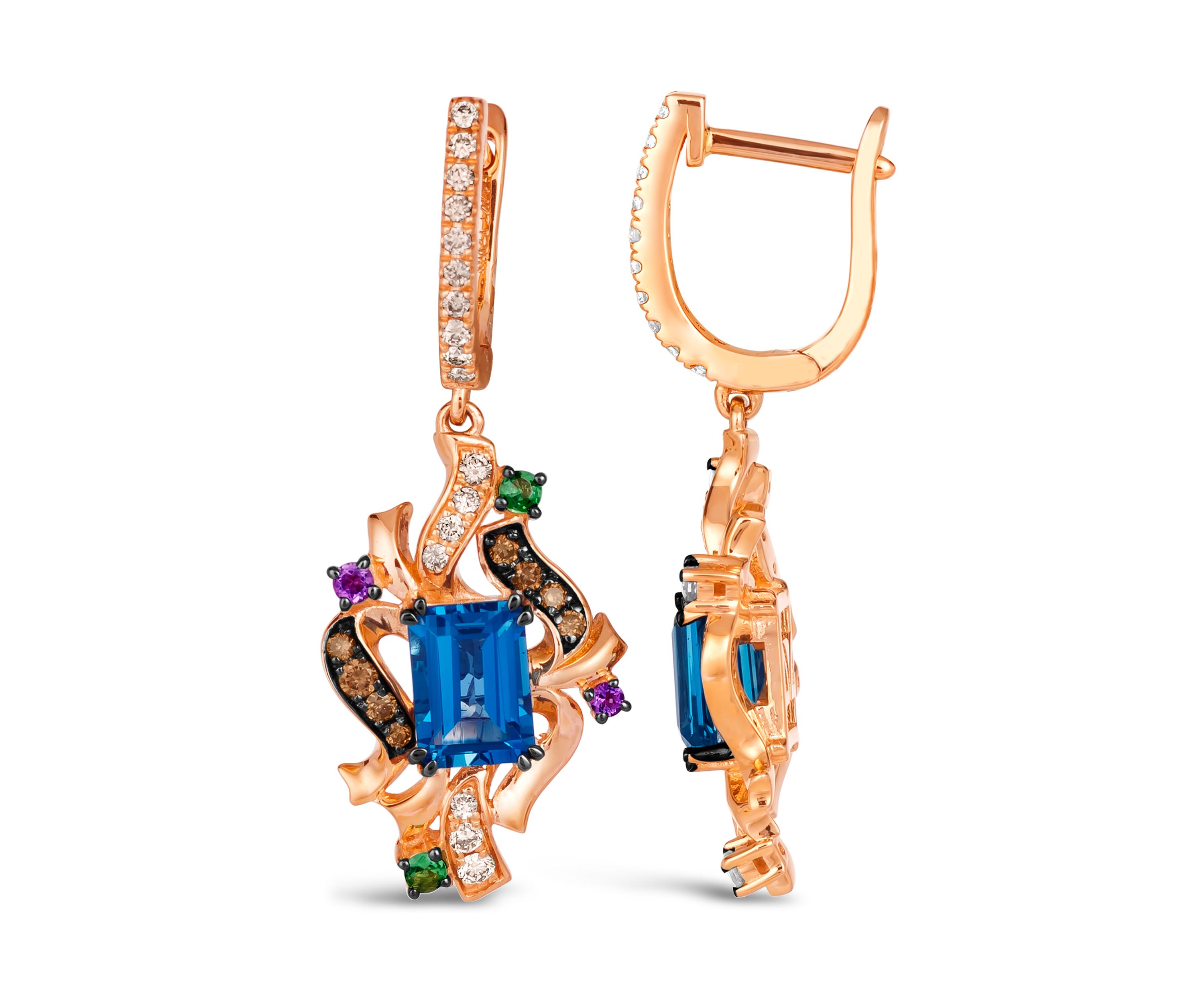 Drop Earrings featuring 2 ct. t.w. Deep Sea Blue Topaz™, 1/20 ct. t.w. Grape Amethyst™, 1/10 ct. t.w. Forest Green Tsavorite™, 1/6 ct. t.w. Chocolate Diamonds®, 1/4 ct. t.w. Nude Diamonds™  in 14K Strawberry Gold®