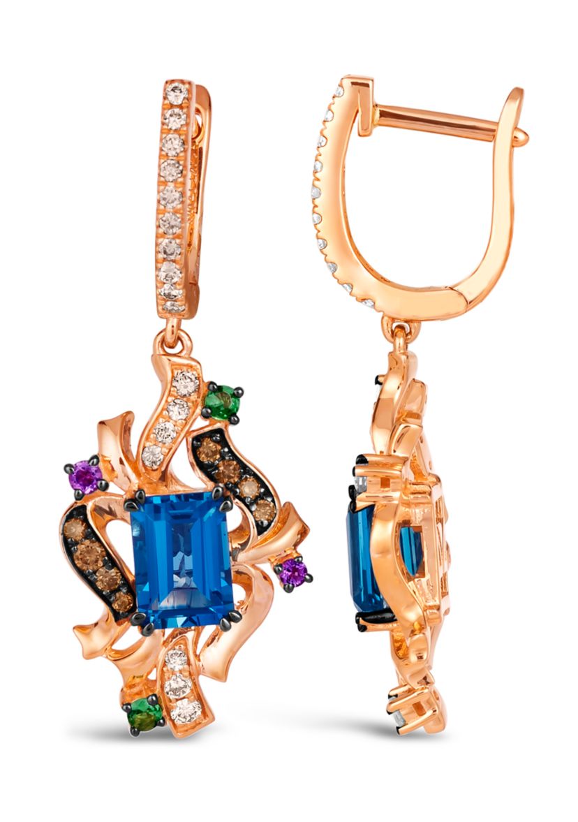 Drop Earrings featuring 2 ct. t.w. Deep Sea Blue Topaz™, 1/20 ct. t.w. Grape Amethyst™, 1/10 ct. t.w. Forest Green Tsavorite™, 1/6 ct. t.w. Chocolate Diamonds®, 1/4 ct. t.w. Nude Diamonds™  in 14K Strawberry Gold®