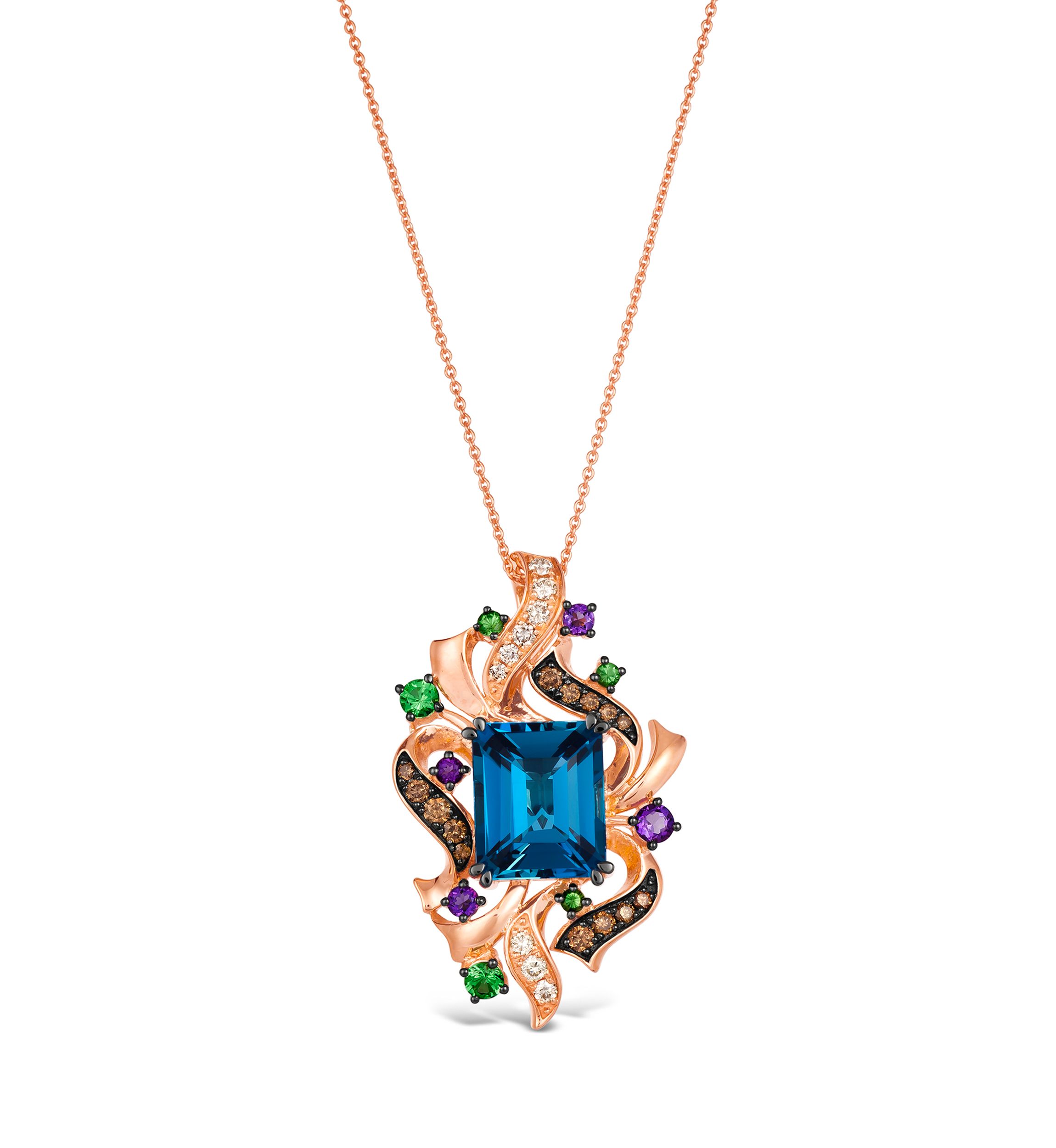 Pendant Necklace featuring 6 ct. t.w. Deep Sea Blue Topaz™, 1/5 ct. t.w. Grape Amethyst™, 1/3 ct. t.w. Forest Green Tsavorite™, 1/4 ct. t.w. Chocolate Diamonds®, 1/5 ct. t.w. Nude Diamonds™ in 14K Strawberry Gold®