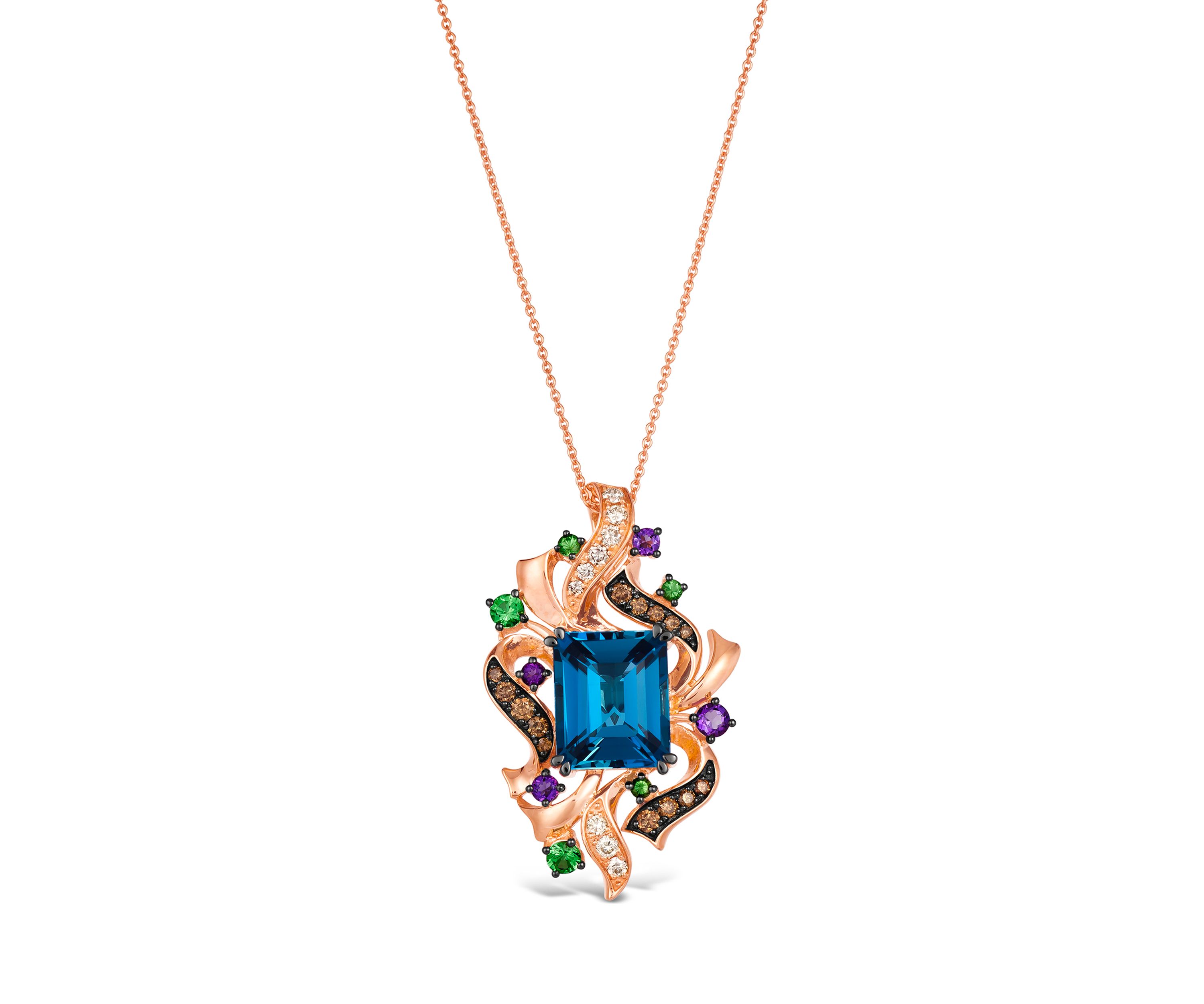 Pendant Necklace featuring 6 ct. t.w. Deep Sea Blue Topaz™, 1/5 ct. t.w. Grape Amethyst™, 1/3 ct. t.w. Forest Green Tsavorite™, 1/4 ct. t.w. Chocolate Diamonds®, 1/5 ct. t.w. Nude Diamonds™ in 14K Strawberry Gold®