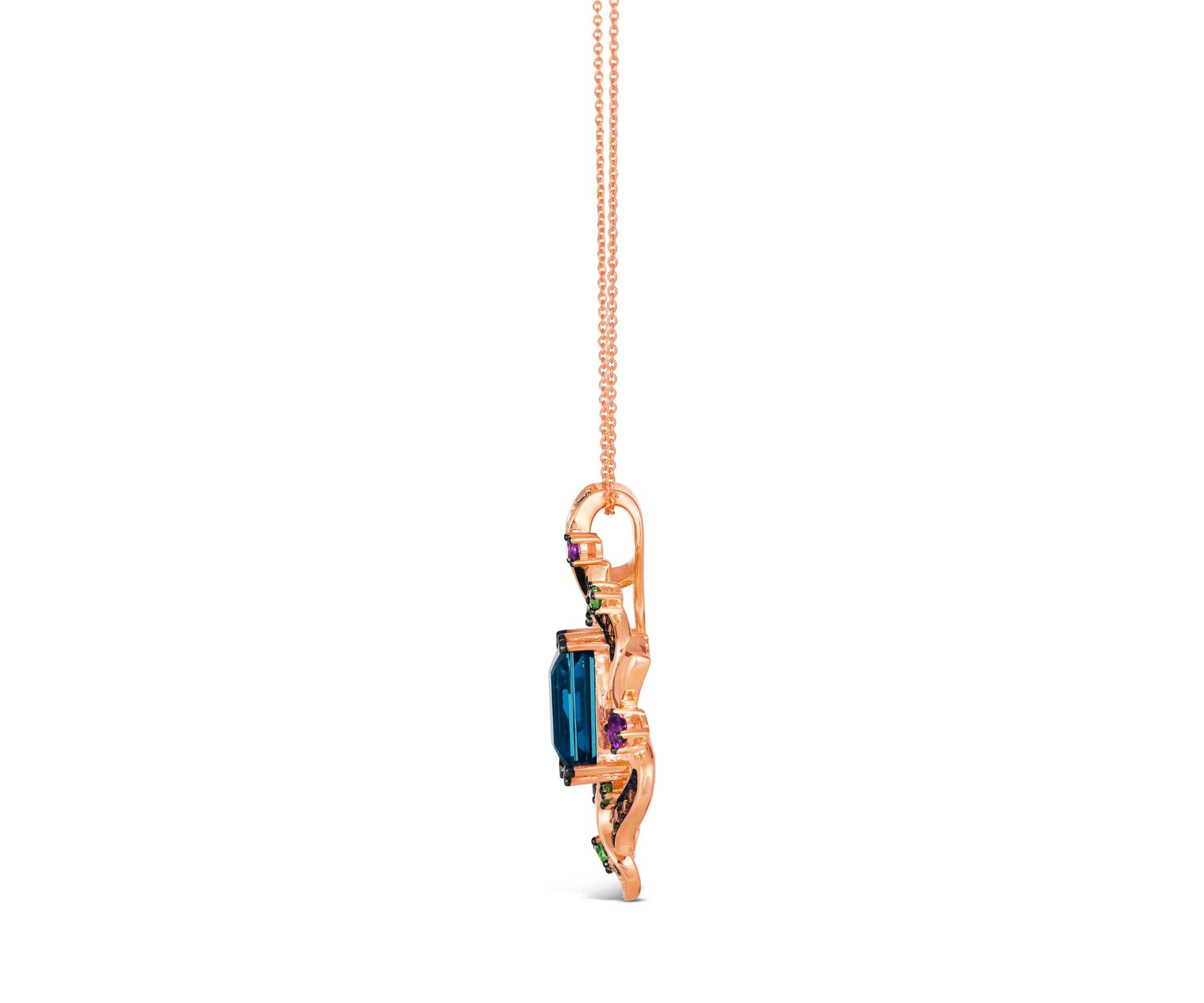 Pendant Necklace featuring 6 ct. t.w. Deep Sea Blue Topaz™, 1/5 ct. t.w. Grape Amethyst™, 1/3 ct. t.w. Forest Green Tsavorite™, 1/4 ct. t.w. Chocolate Diamonds®, 1/5 ct. t.w. Nude Diamonds™ in 14K Strawberry Gold®