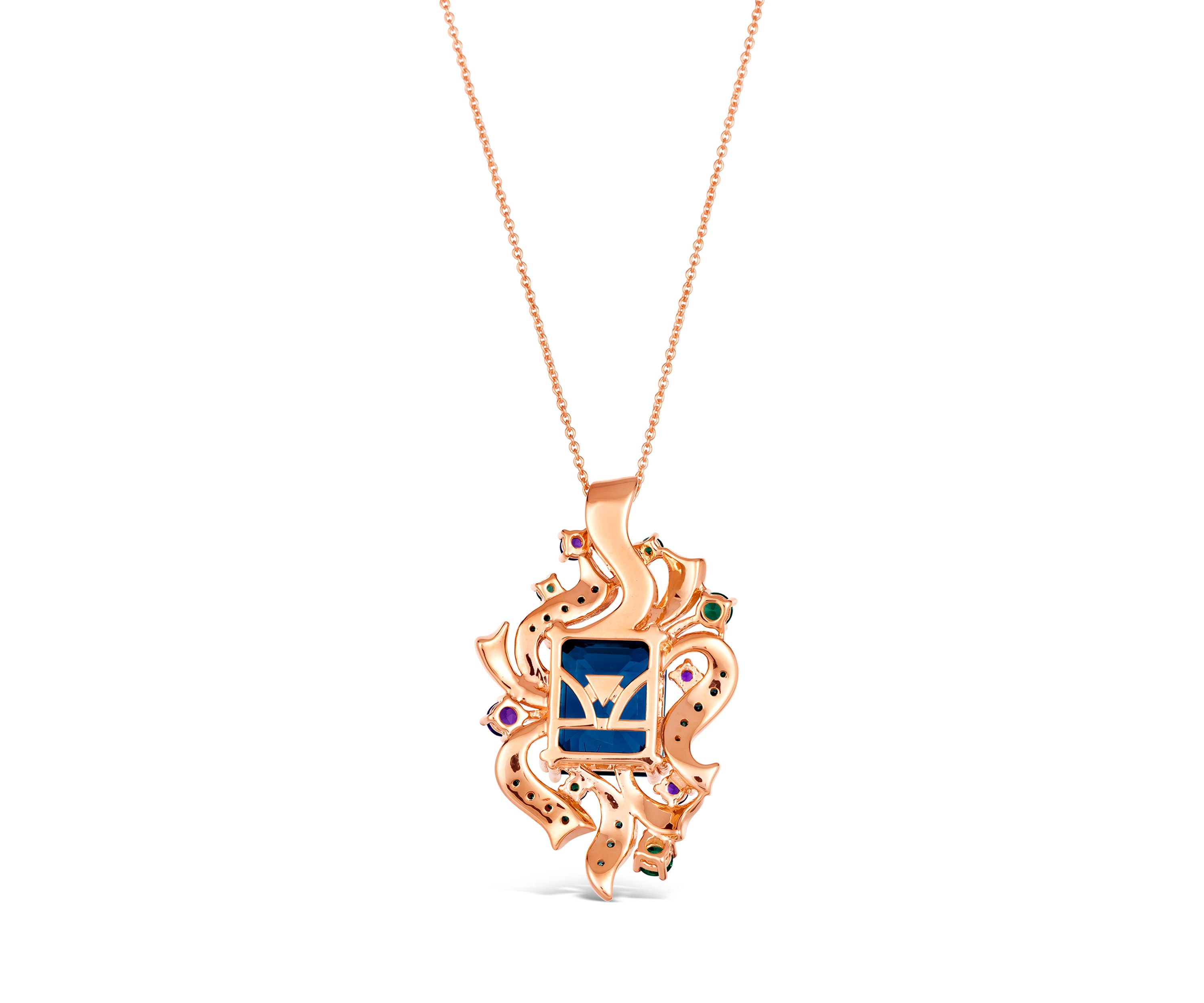 Pendant Necklace featuring 6 ct. t.w. Deep Sea Blue Topaz™, 1/5 ct. t.w. Grape Amethyst™, 1/3 ct. t.w. Forest Green Tsavorite™, 1/4 ct. t.w. Chocolate Diamonds®, 1/5 ct. t.w. Nude Diamonds™ in 14K Strawberry Gold®