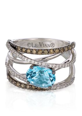 14k Vanilla Gold® Sea Blue Topaz™, Chocolate Diamond®, and Vanilla Diamond® Ring