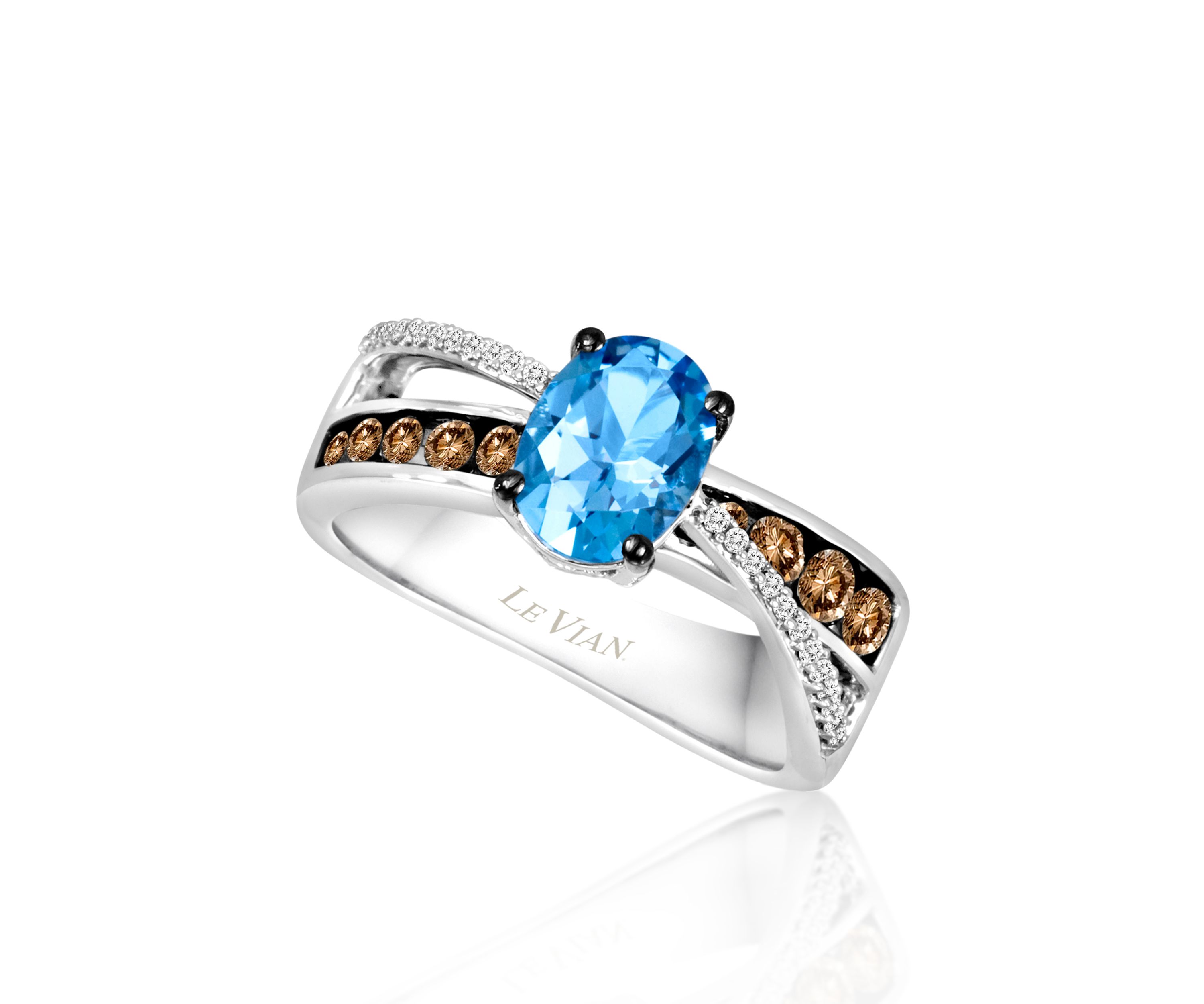 Ocean Blue Topaz, Vanilla Diamonds, and Chocolate Diamonds Ring in 14k Vanilla Gold