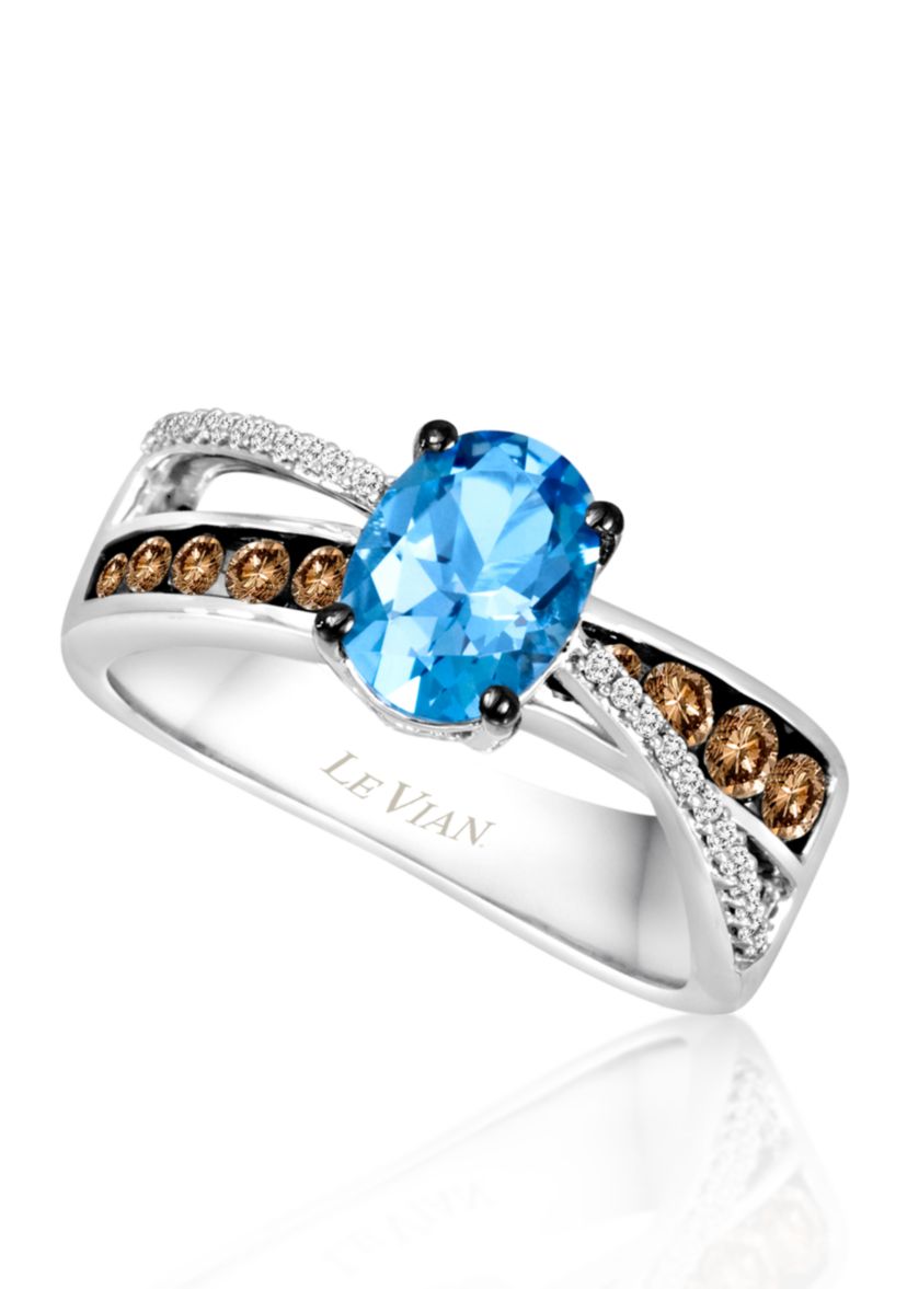 Ocean Blue Topaz, Vanilla Diamonds, and Chocolate Diamonds Ring in 14k Vanilla Gold