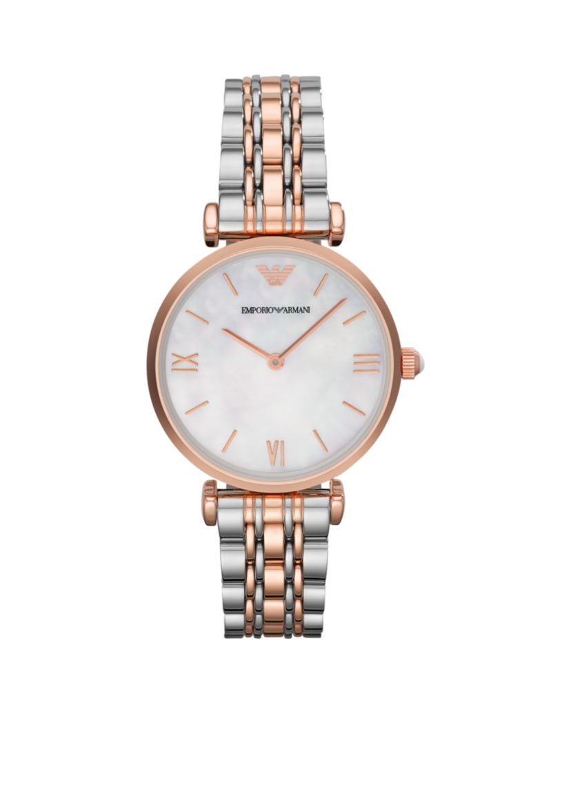 Womens Rose Gold Tone IP and Stainless Steel Bracelet Two Hands Watch