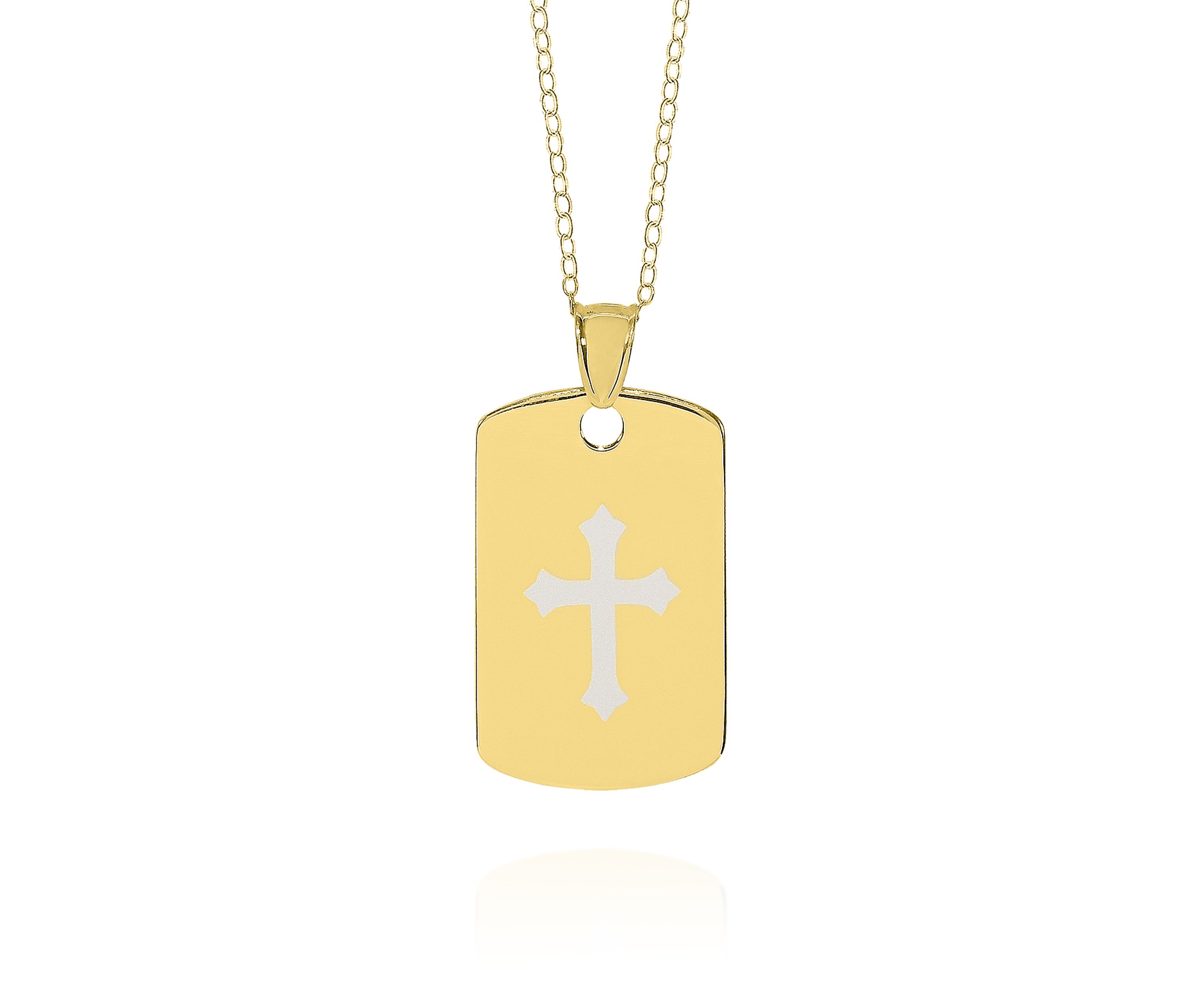14k Yellow Gold Cross Dog Tag Pendant