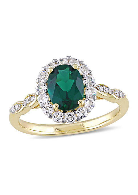 Oval Created Emerald, White Topaz and Diamond Accent Vintage Ring in 14K Yellow Gold