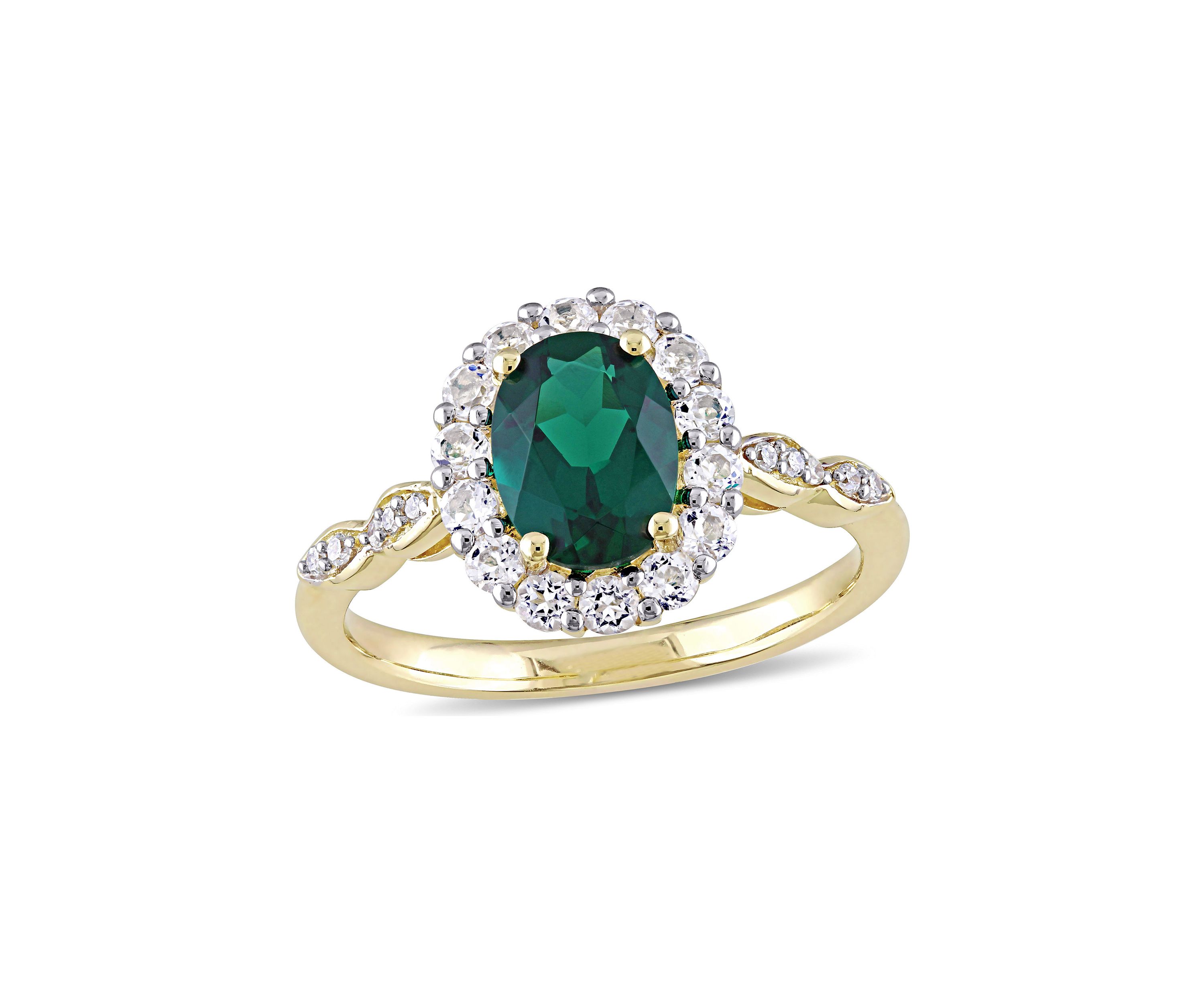 Oval Created Emerald, White Topaz and Diamond Accent Vintage Ring in 14K Yellow Gold