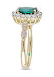 Oval Created Emerald, White Topaz and Diamond Accent Vintage Ring in 14K Yellow Gold