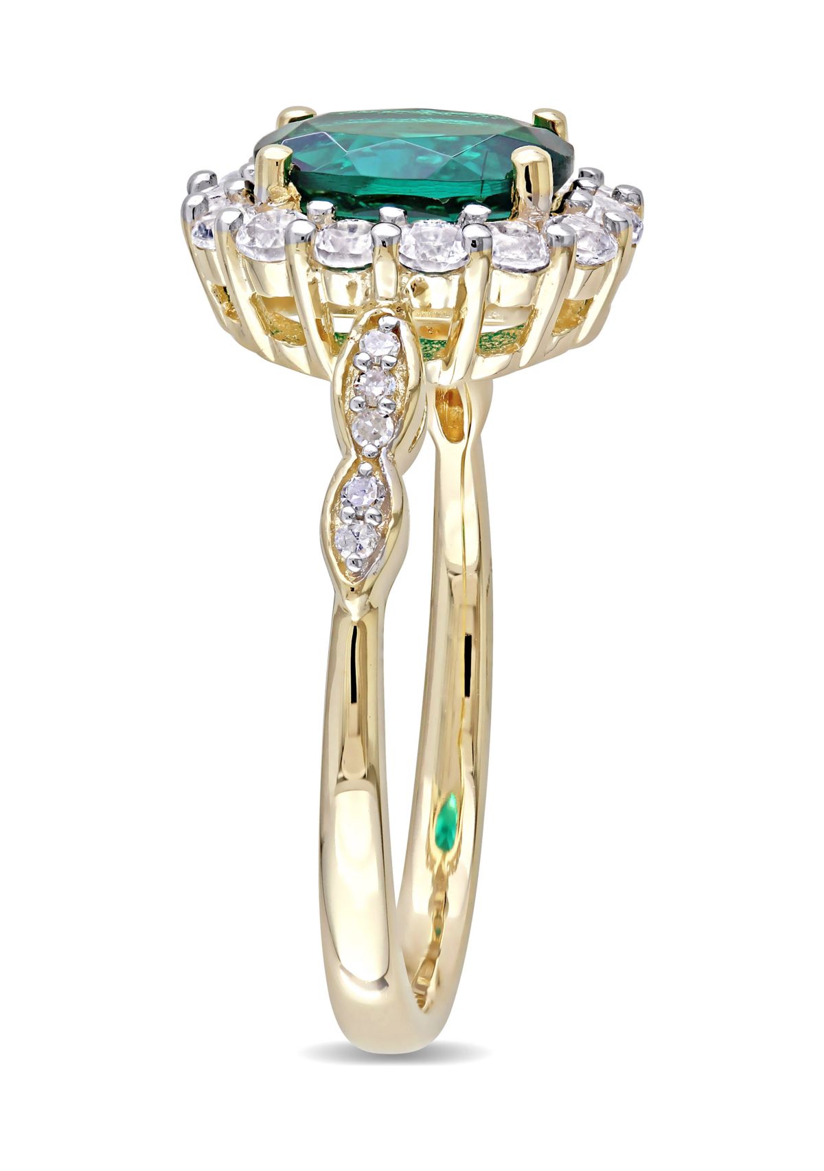 Oval Created Emerald, White Topaz and Diamond Accent Vintage Ring in 14K Yellow Gold