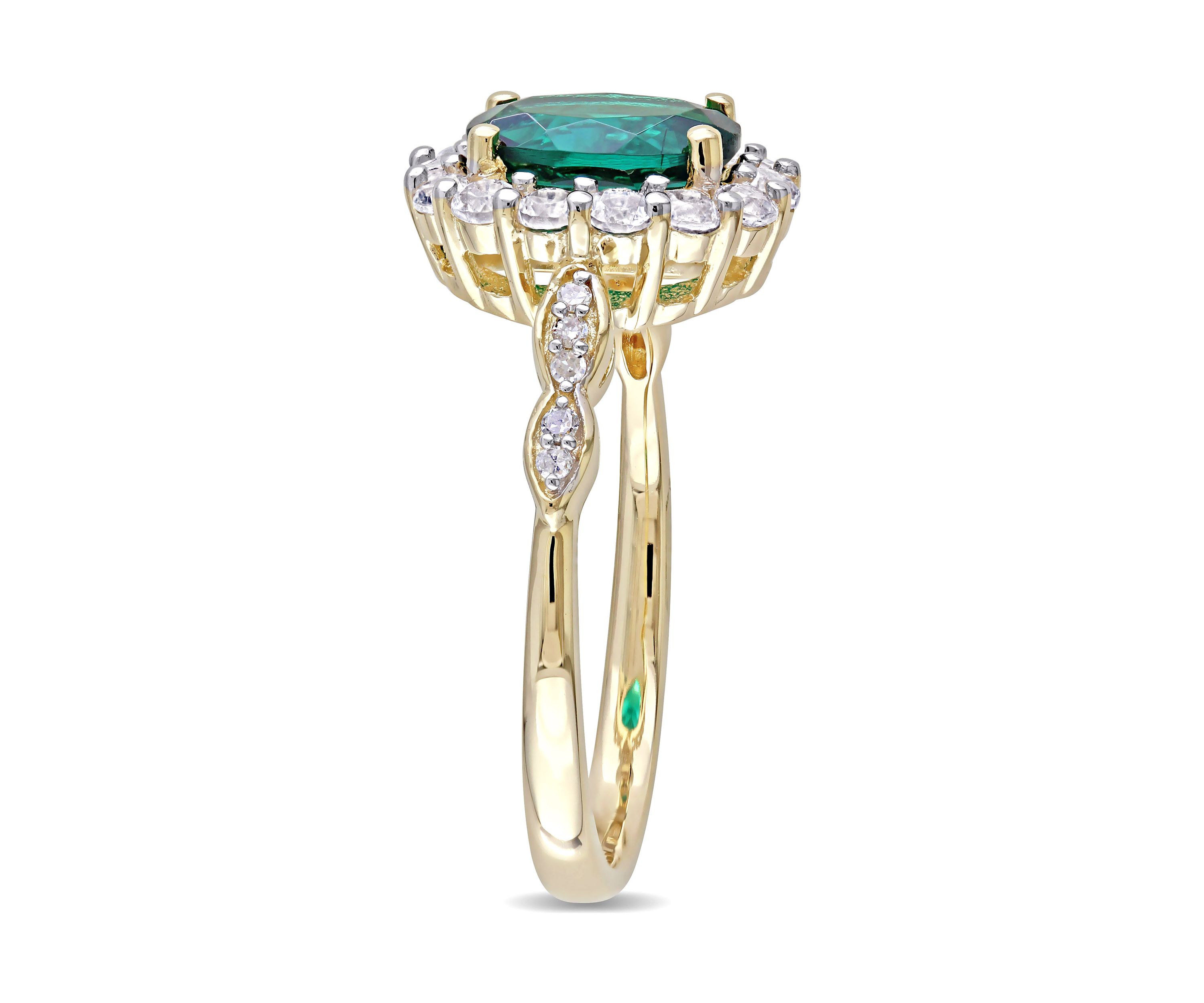Oval Created Emerald, White Topaz and Diamond Accent Vintage Ring in 14K Yellow Gold