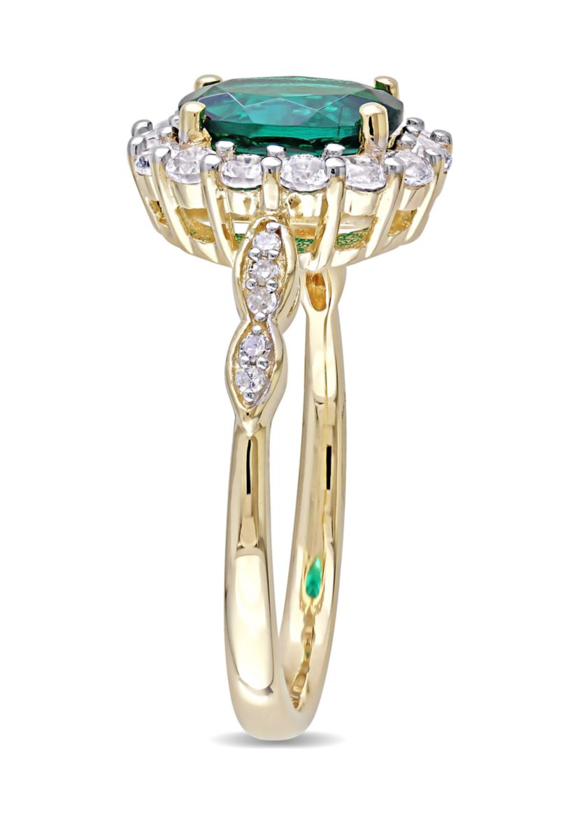 Oval Created Emerald, White Topaz and Diamond Accent Vintage Ring in 14K Yellow Gold