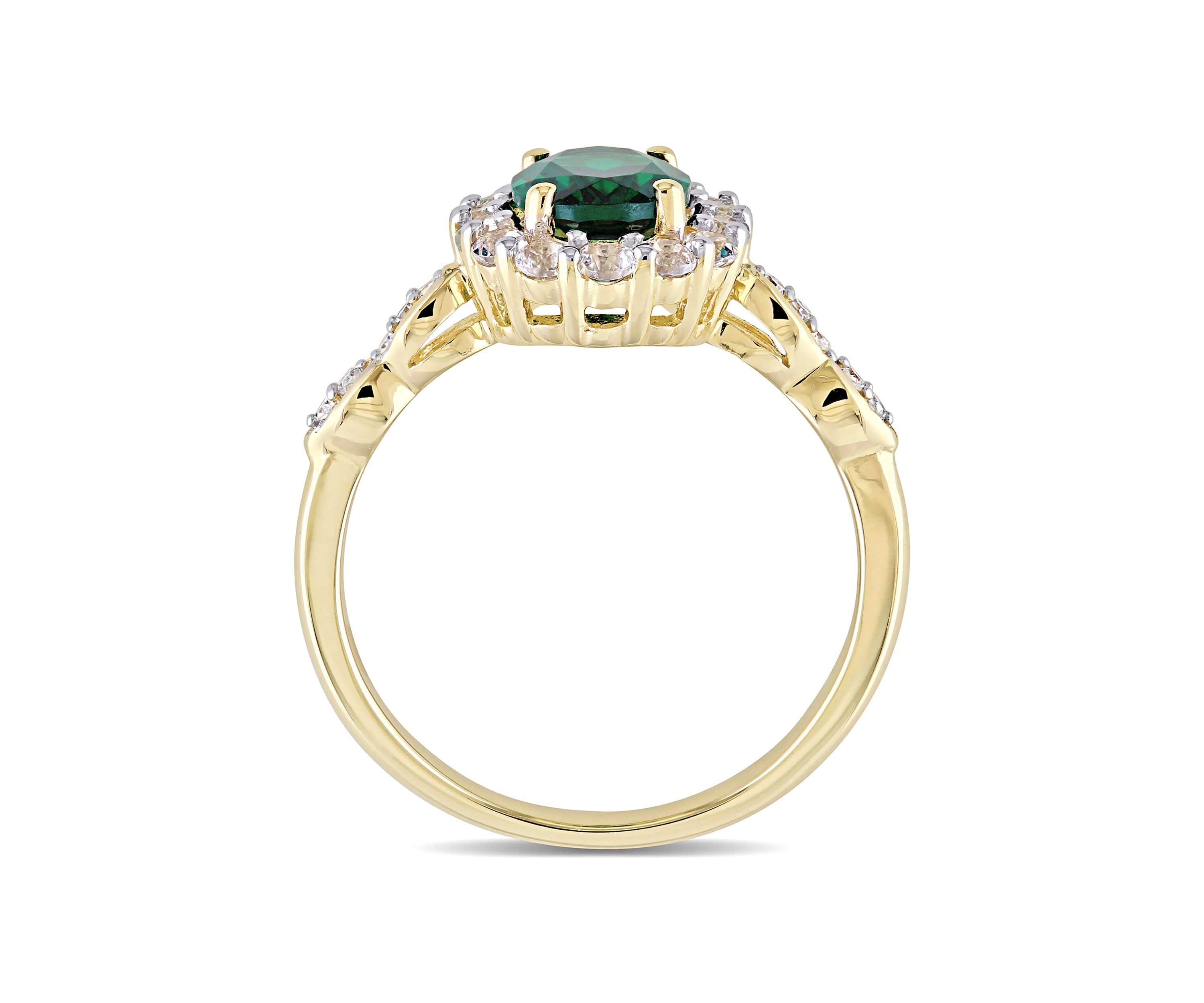 Oval Created Emerald, White Topaz and Diamond Accent Vintage Ring in 14K Yellow Gold