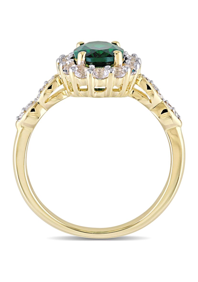 Oval Created Emerald, White Topaz and Diamond Accent Vintage Ring in 14K Yellow Gold