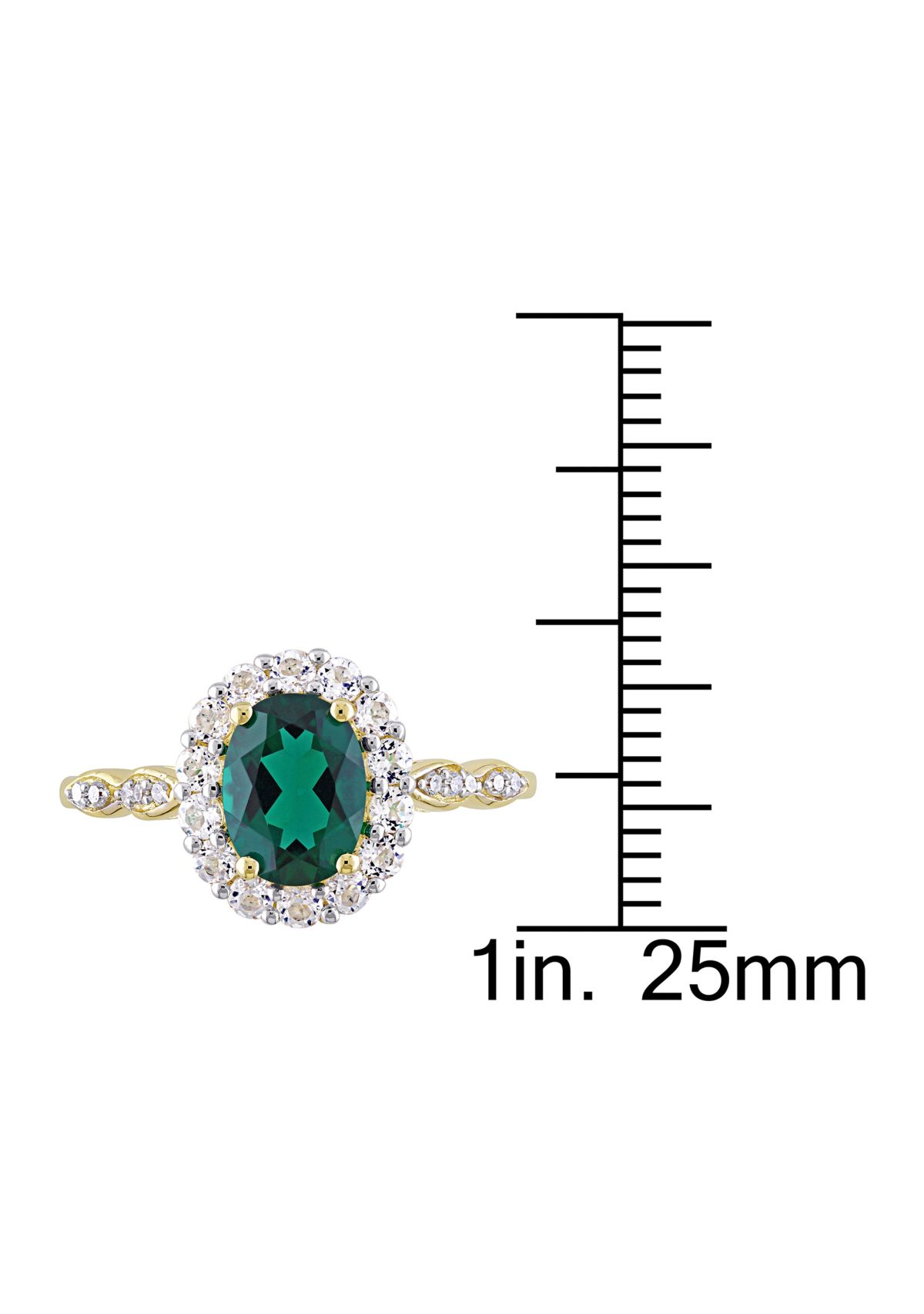 Oval Created Emerald, White Topaz and Diamond Accent Vintage Ring in 14K Yellow Gold