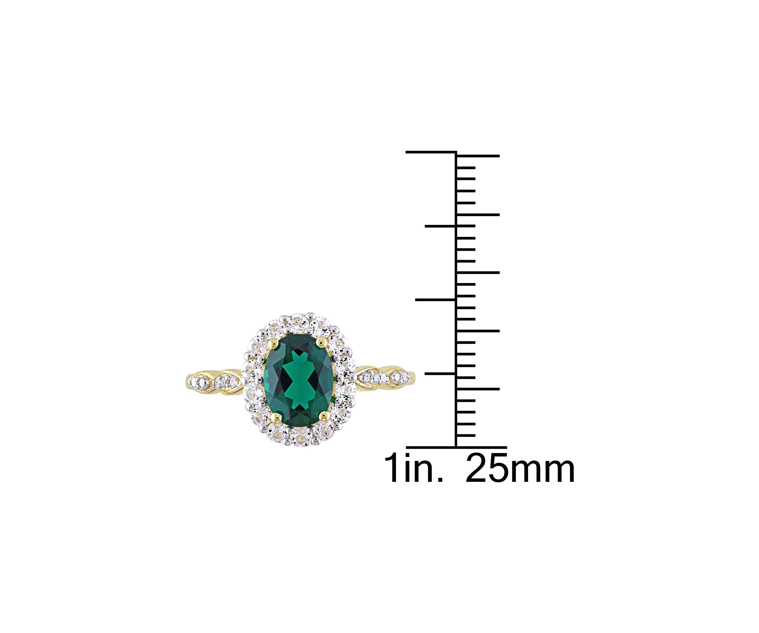 Oval Created Emerald, White Topaz and Diamond Accent Vintage Ring in 14K Yellow Gold