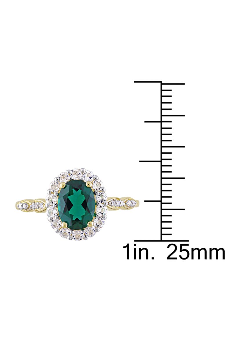 Oval Created Emerald, White Topaz and Diamond Accent Vintage Ring in 14K Yellow Gold