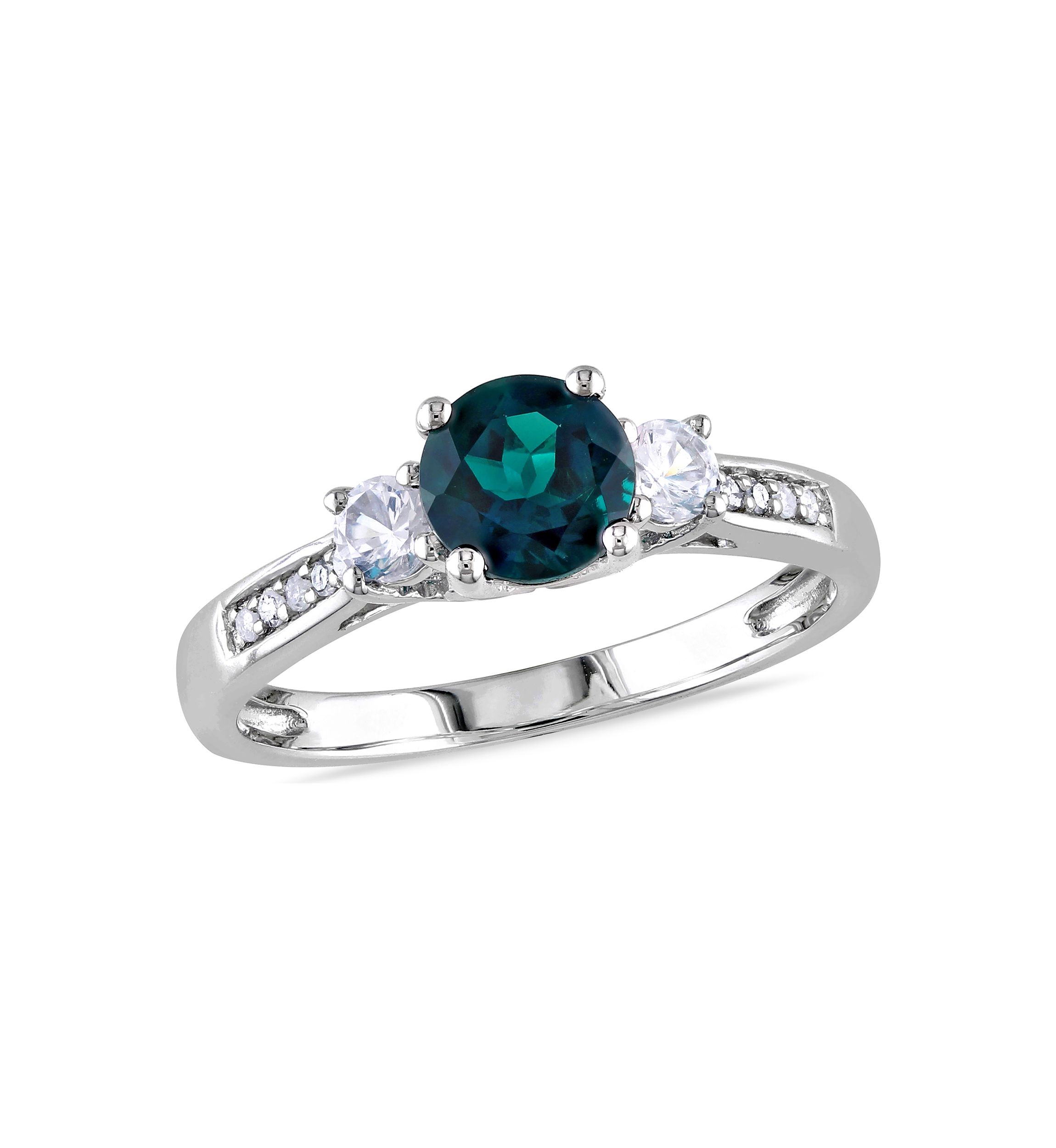 Created Emerald and White Sapphire Diamond Accent 3-Stone Ring in 10k White Gold