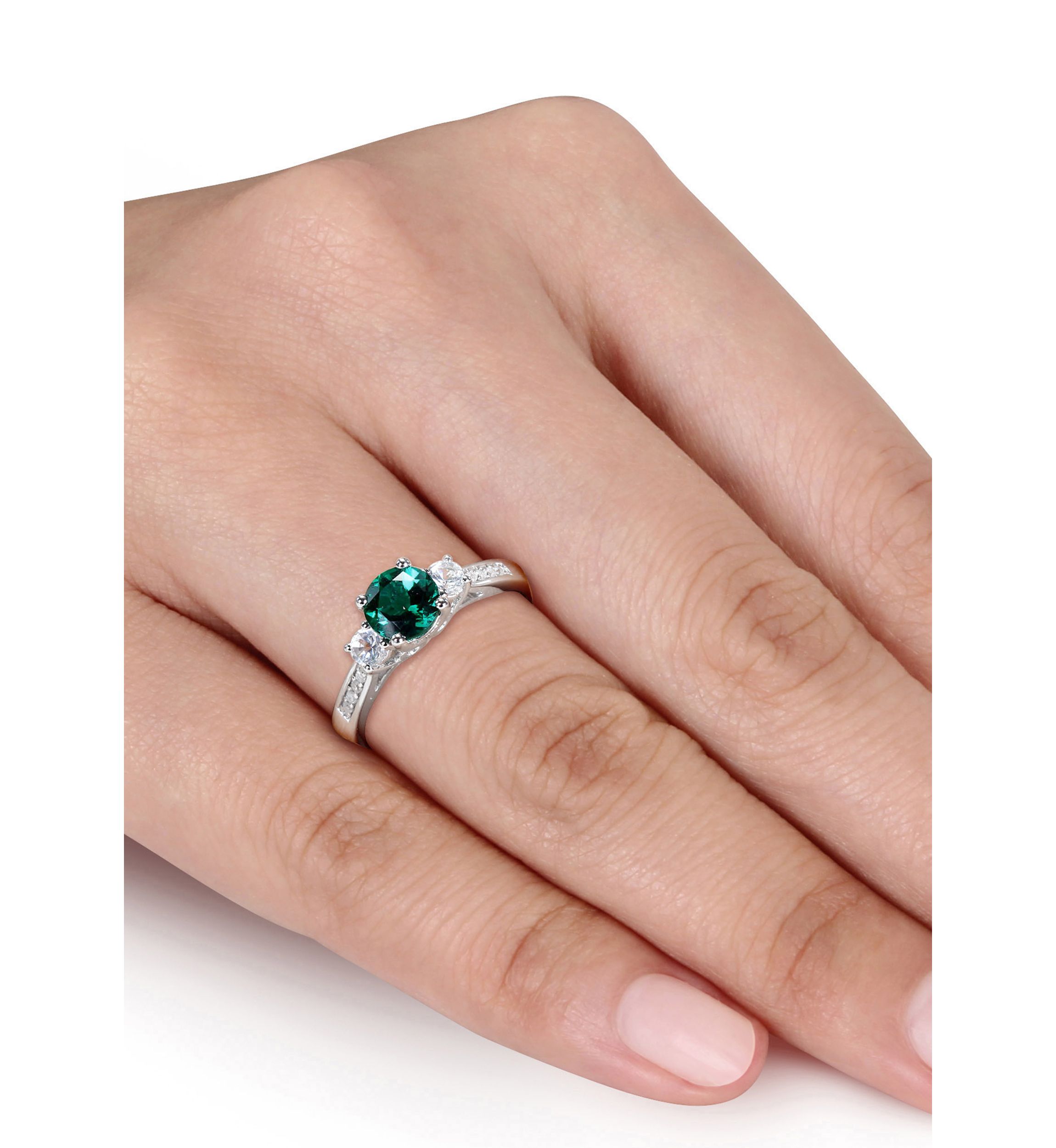 Created Emerald and White Sapphire Diamond Accent 3-Stone Ring in 10k White Gold