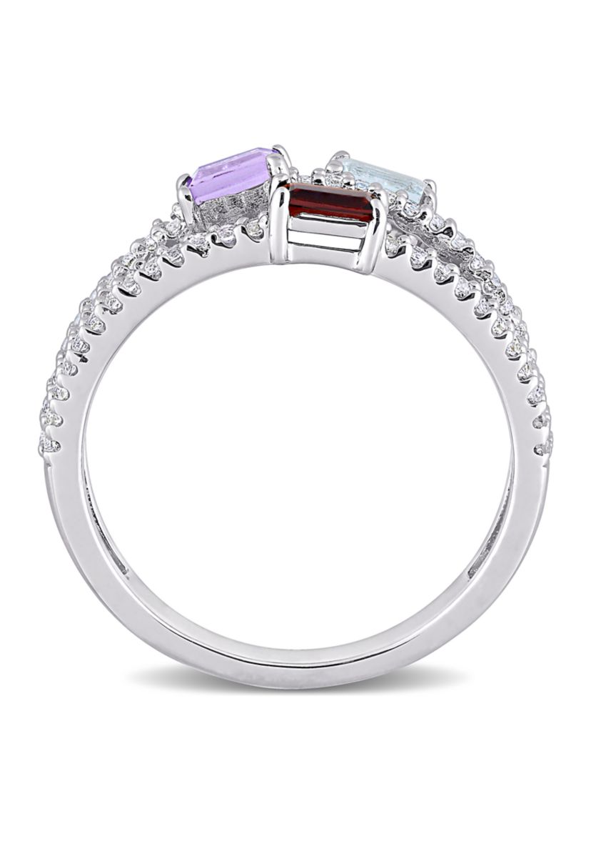 3/4 ct. t.w. Multi-Gemstone Split-Shank Multi-Row Ring in Sterling Silver