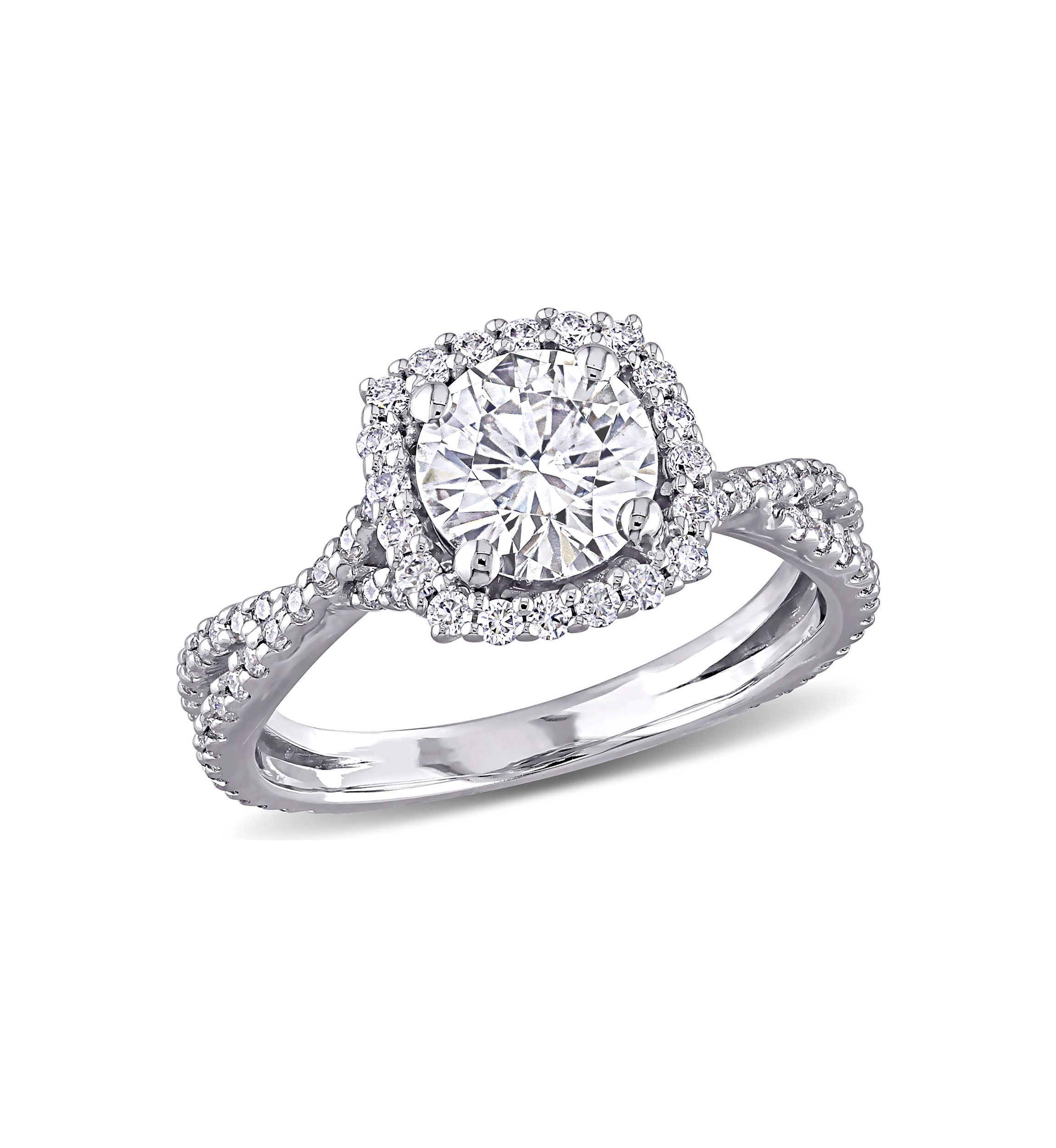 1.5 ct. t.w. Lab Created Moissanite Square Halo Crossover Engagement Ring in 10K White Gold