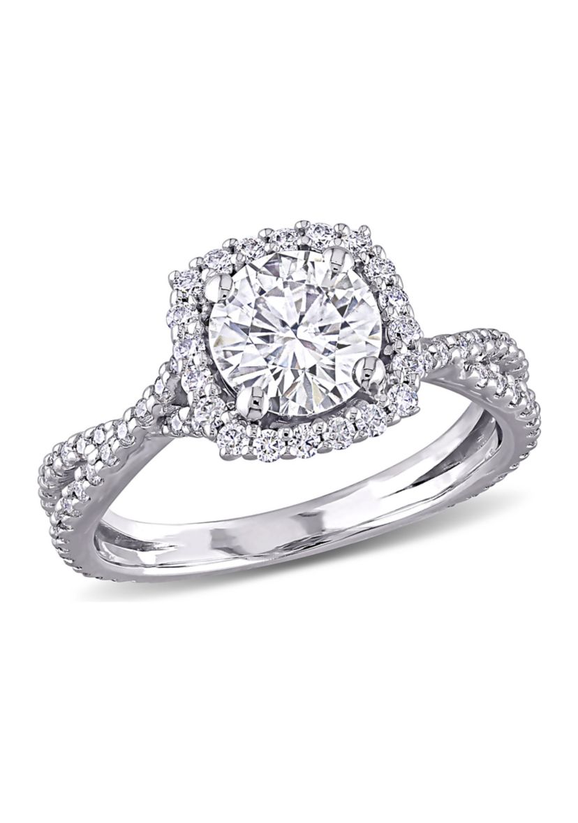 1.5 ct. t.w. Lab Created Moissanite Square Halo Crossover Engagement Ring in 10K White Gold