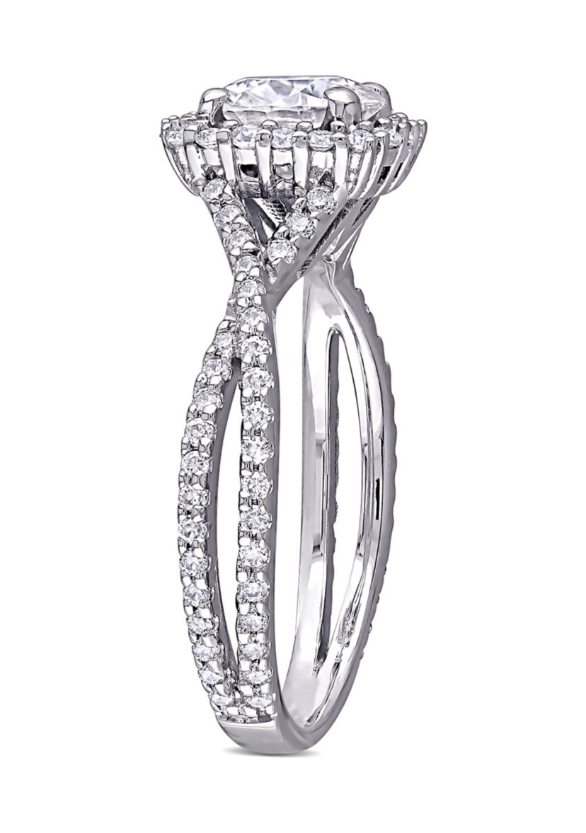 1.5 ct. t.w. Lab Created Moissanite Square Halo Crossover Engagement Ring in 10K White Gold